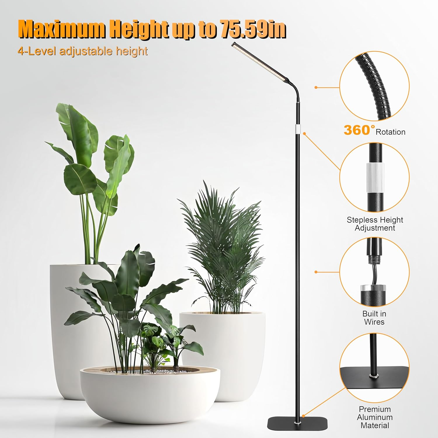 A Head Grow Light for Indoor Plants, Full Spectrum LED Growth Floor Lamp with Auto On/Off Timer, Stable Base, 10-Level Dimmable,Adjustable Gooseneck and Height for Large Tall Small Plants image number 2