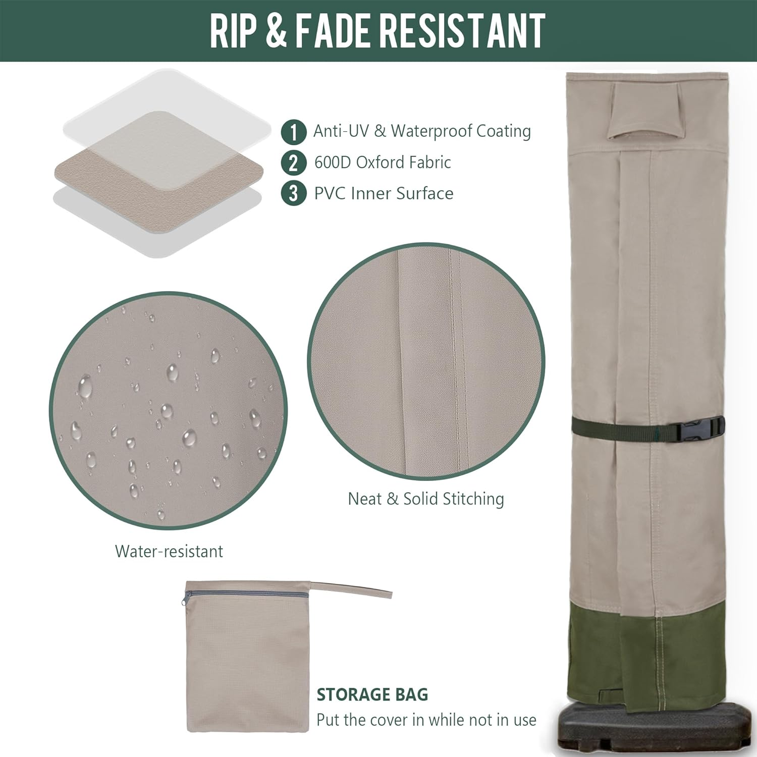 Rachmi Patio Cantilever Umbrella Cover for 9-13 Ft Umbrellas, 600D Water-Resistant UV & Fade Resistant Cover Fits round / Square Outdoor Garden Offset Parasol with Zipper & Rod, Khaki-Green image number 3