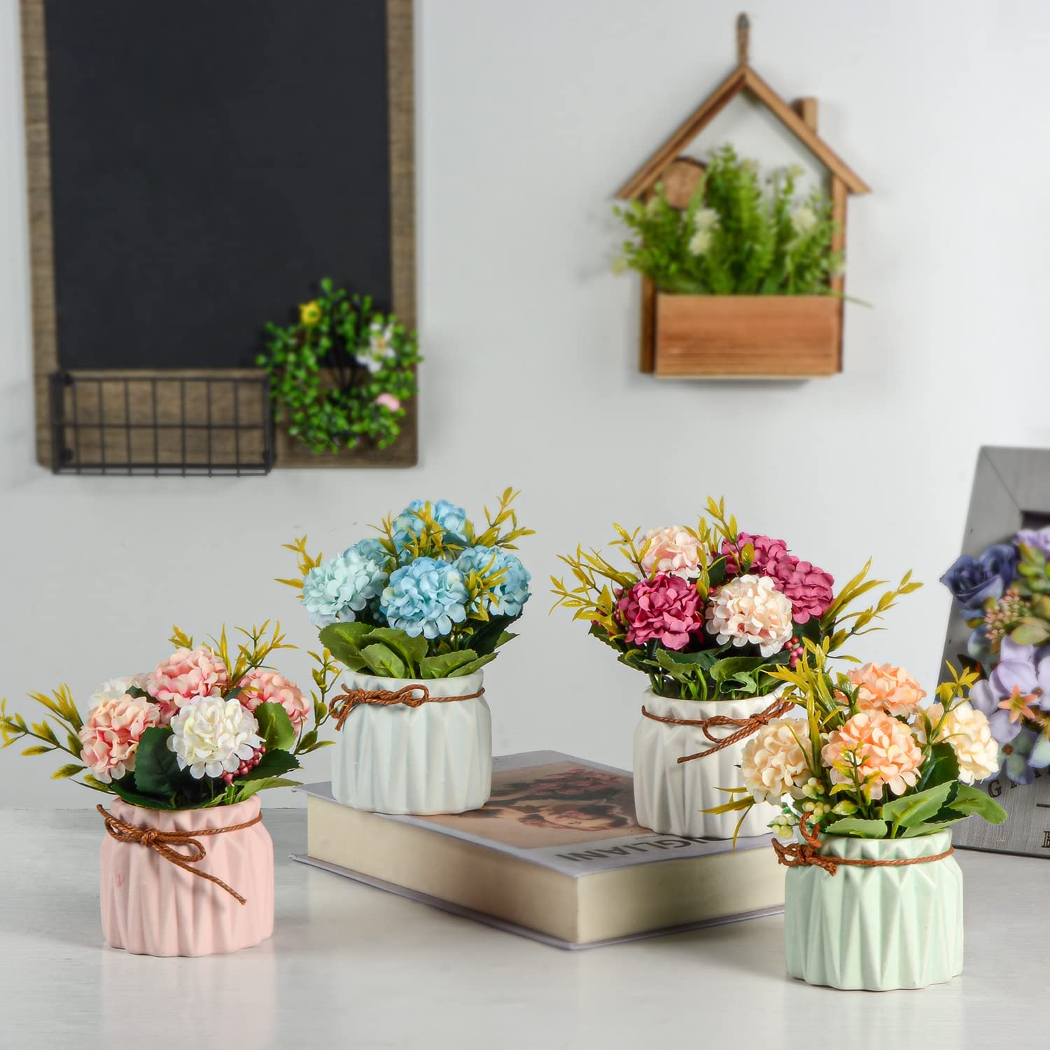 Artificial Flower Plants &ndash; Mini Fake Hydrangea Flowers in Pot for Home Decor Party Wedding Office Patio Table Desk Decoration, Set of 4, Size: 3.3''(Diameter) X 5.5''(Tall)