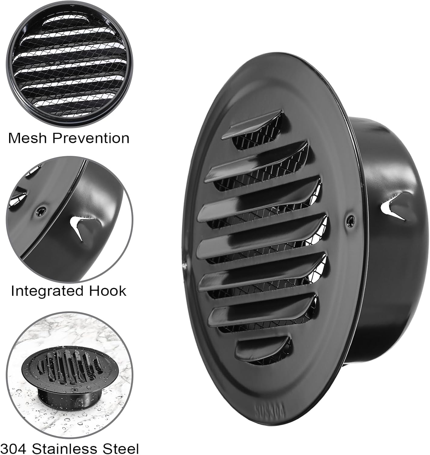 4 PCS 304 Stainless Steel round Air Vent Covers with Insect Mesh(Black, 100 Mm)