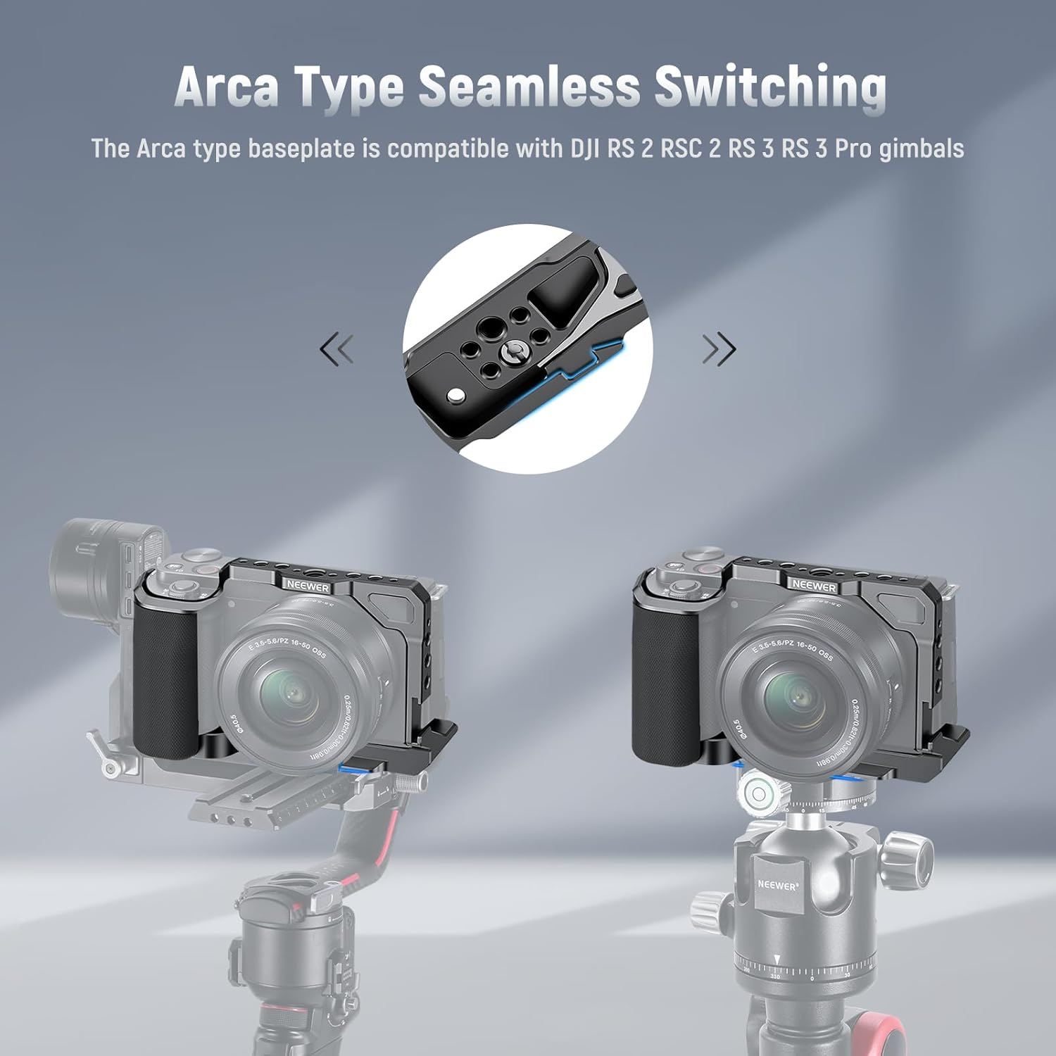 NEEWER ZV-E10 Camera Cage with Silicone Grip, 1/4" Threads, 3/8" ARRI Locating Holes, Arca Type QR Base, Protective Metal Video Rig Compatible with Smallrig Handles DJI RS Gimbals Sony ZV-E10, CA003S image number 1