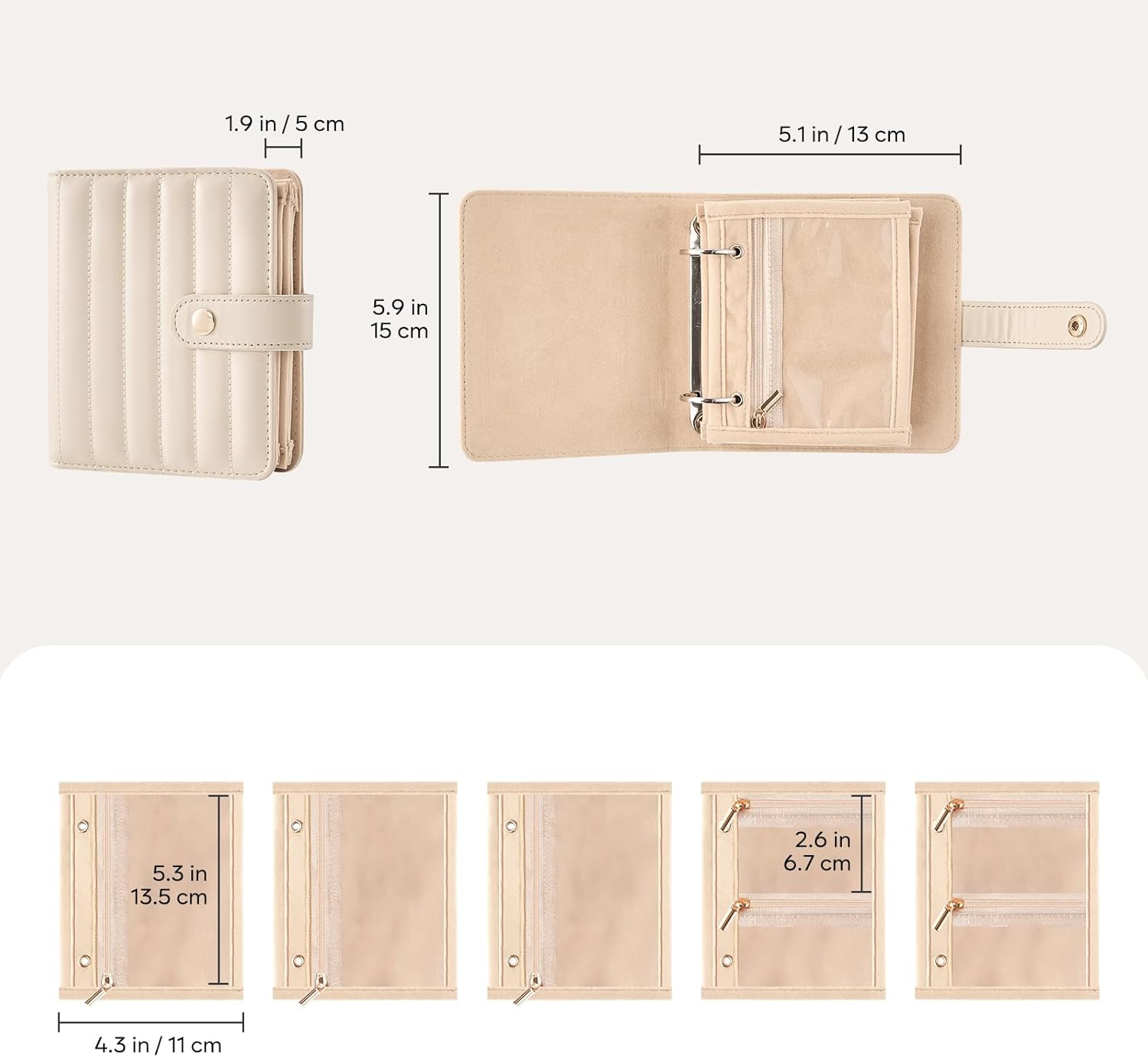 Lolalet Travel Jewelry Organizer Case, Portable Jewlery Storage Book Portfolio Binder with Zipper Velvet Pouch and Built-In Mirror for Women -Beige, Small image number 7