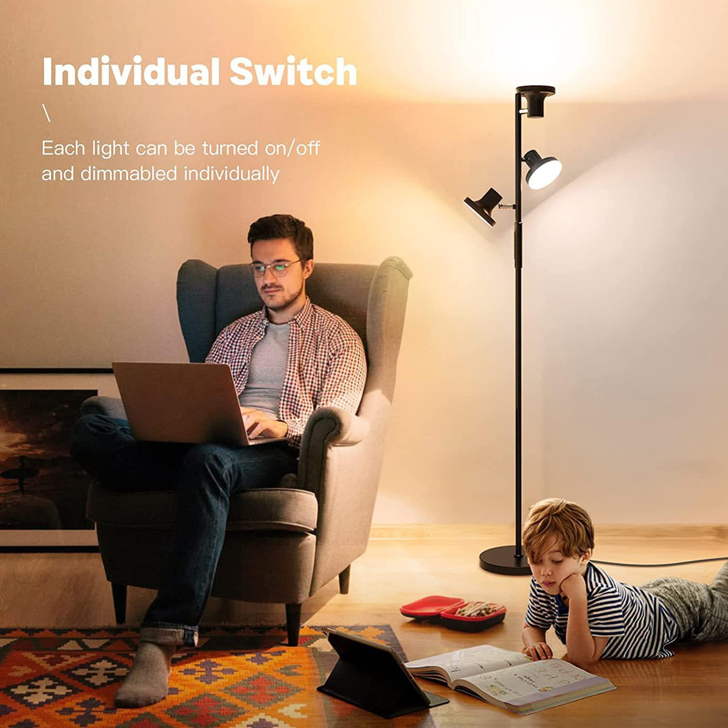 LED Floor Lamp 2700K-6500K Dimmable Standing Lamp with 3 Rotatable Lights & Timer Tall Lamp Morden Living Room Lamp for Bedroom Office Reading image number 5