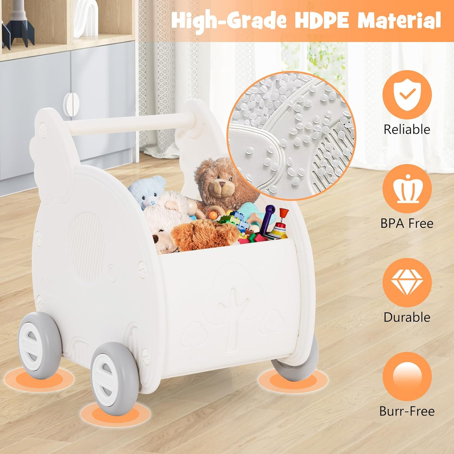 HONEY JOY Baby Walker Push Toy, 4-Wheel Toddler Toy Cart Elephant Shape, Cute HDPE Kids Push Toy W/Wheels & Handle, Baby Push Walker for Boys Girls of 3+ Years Old, White image number 3