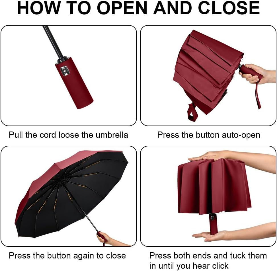 Strong Windproof Automatic Umbrellas, 24 Strong Ribs Umbrella, 99% UV Protection, One Button Auto Open and Close, Compact Travel Umbrella, Portable Folding Umbrella for Men and Women - Wine Red image number 3
