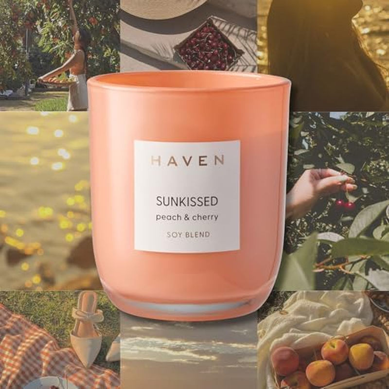 Haven Sunkissed Peach & Cherry Scented Soy Blend Candle - Natural, Non-Toxic, Long-Lasting Burn in Orange Glass Jar for Home Decor & Aromatherapy image number 4
