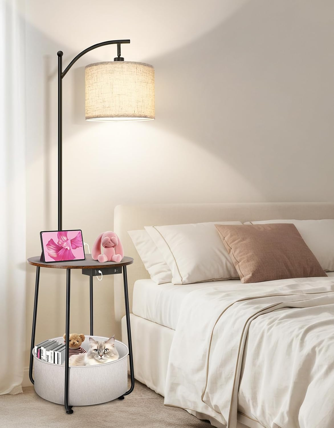 OUTON Floor Lamp with Table, Shelf Floor Lamp with Charging Station, 3 Color Temperatures 12W LED Bulb, Standing Lamp with Fabric Basket for Bedroom Living Room Office, Rustic Brown image number 1