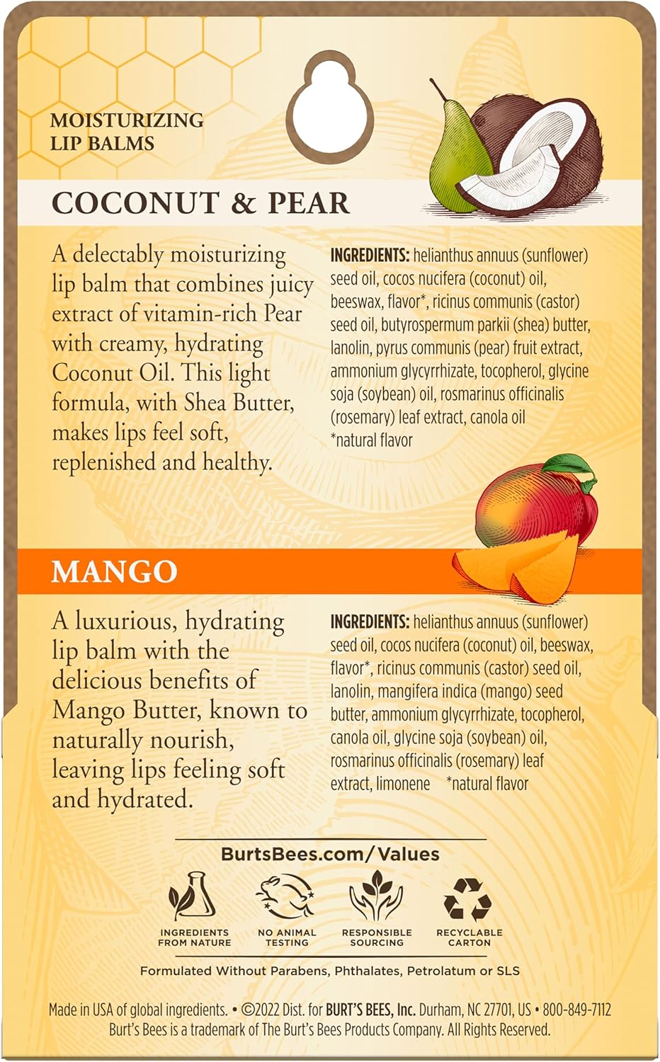 Burt'S Bees 100% Natural Origin Moisturising Lip Balm, Coconut & Pear and Mango, 2 Tubes image number 4