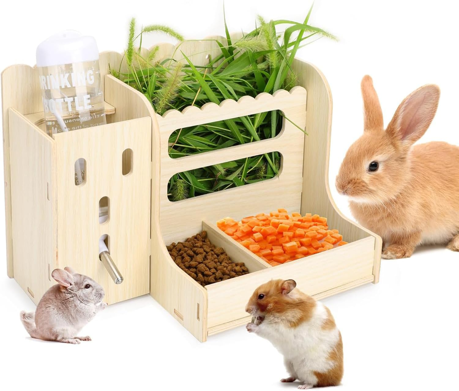 Wooden Hay Feeder for Small Pets Guinea Pig Feeder Rabbit Guinea Pig Chinchilla Multi-Function Kettle Grass Stand Non-Toxic Wooden Hamster Hay Feeder for Bunny Guinea Pig Chinchilla image number 3