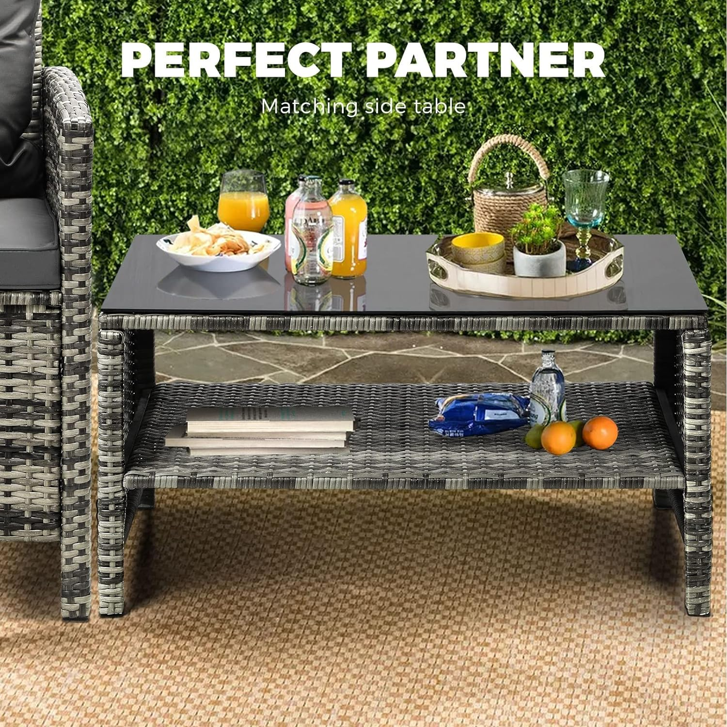 Livsip Outdoor Patio Furniture Set with Pillow and Cushion Wicker Material Table and Chairs 4Pcs Grey