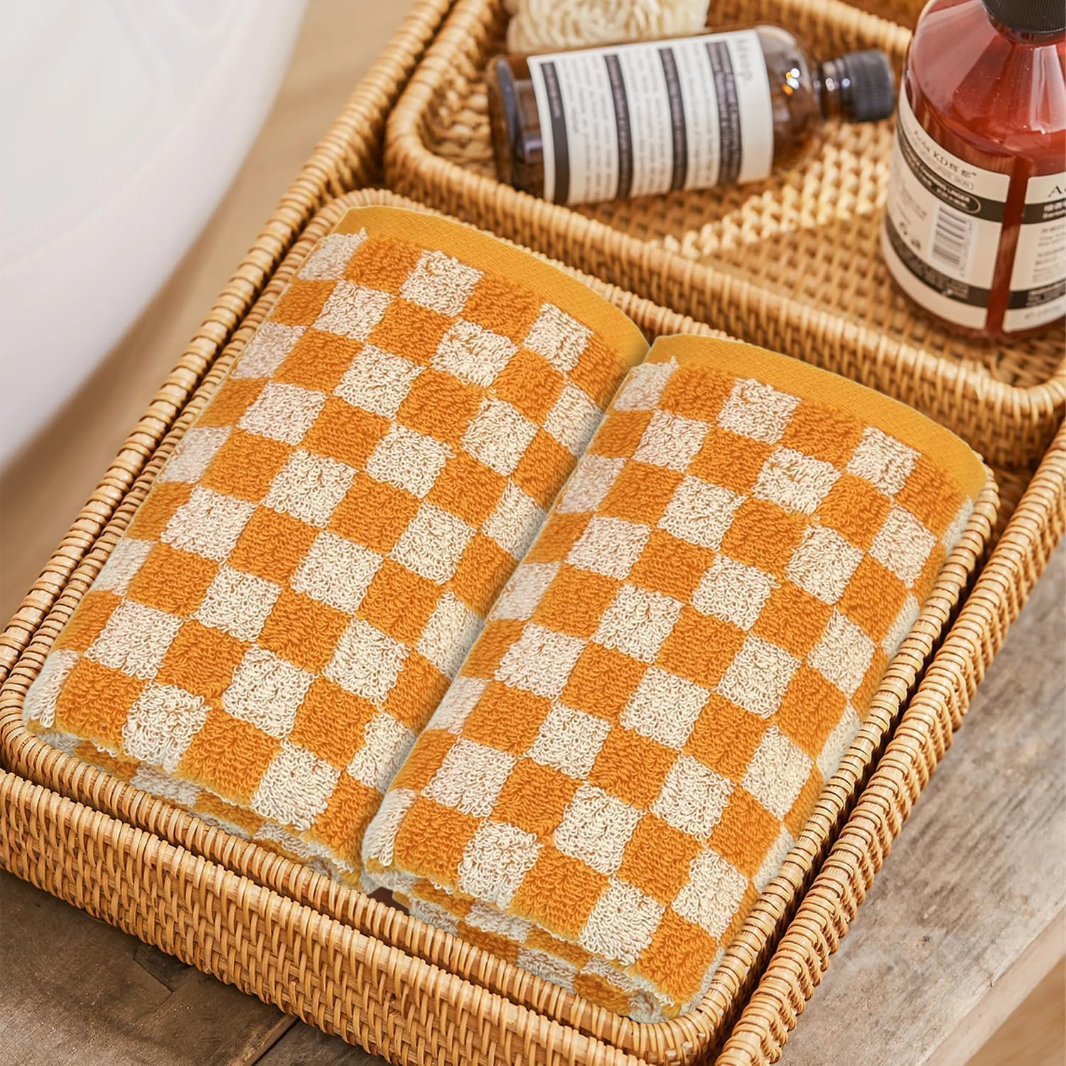 Jacquotha Soft Hand Towels 4 Pack, Orange Checkered Face Towel Set for Bathroom Kitchen, Fall Decorative Towel 13X29 Inches - Green image number 6