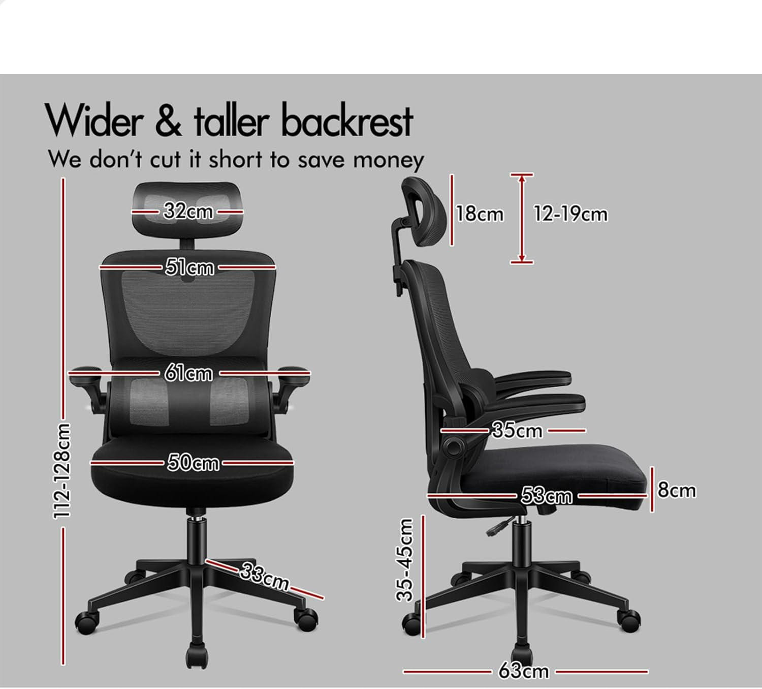 ALFORDSON Mesh Office Chair Ergonomic Mid-Back Nyles Series, Adjustable Flip-Up Arm & Headrest Gaming Racing Task Chair, Student Computer Study Desk Chair for Home Office, All Black image number 4