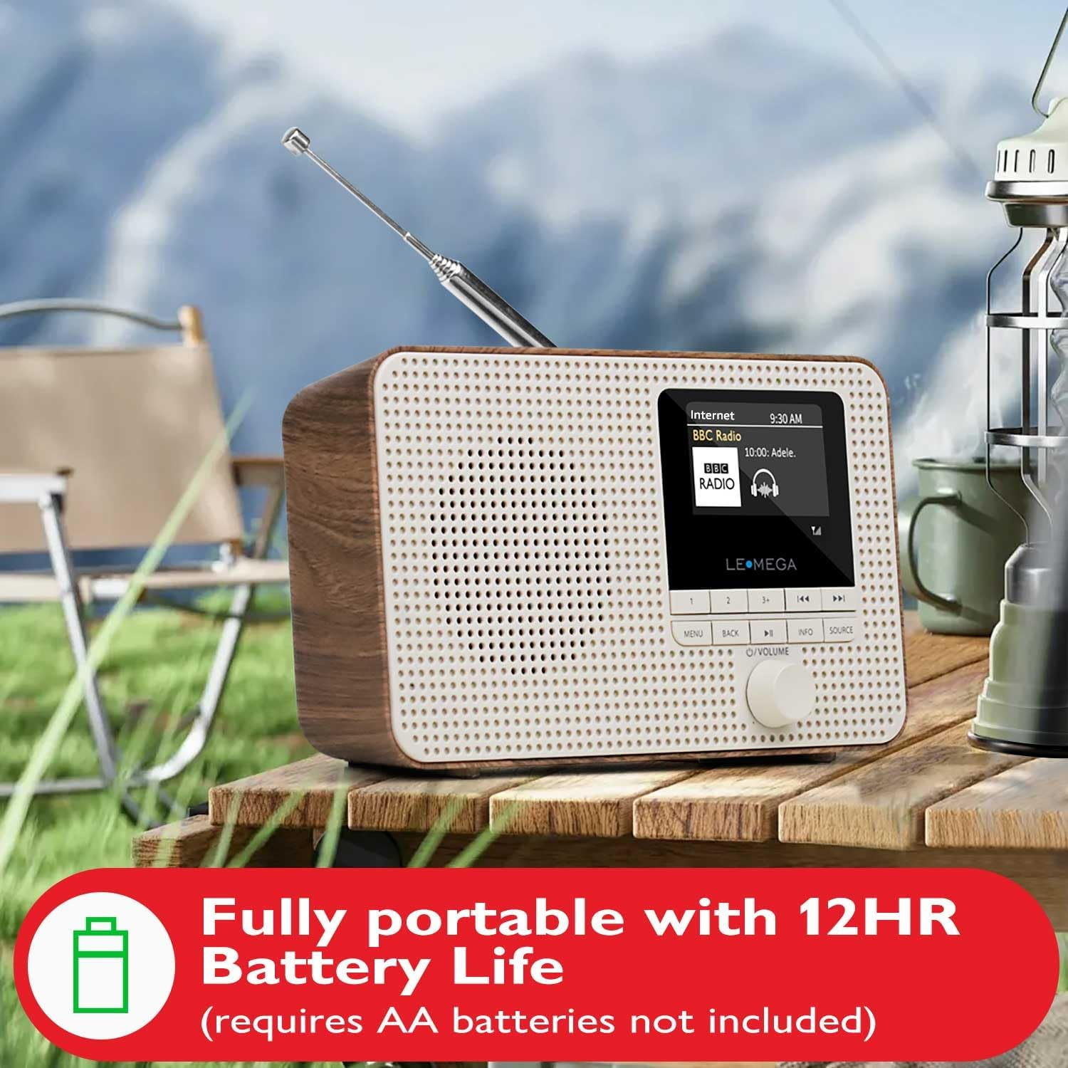 LEMEGA IR1 Portable Internet Radio,Fm Digital Radio,Wifi,Bluetooth,Dual Alarms&Clock,Kitchen/Sleep/Snooze Timer,40 Pre-Sets,Headphones Output,Colour Screen,Mains Powered and AA Batteries - Walnut image number 1
