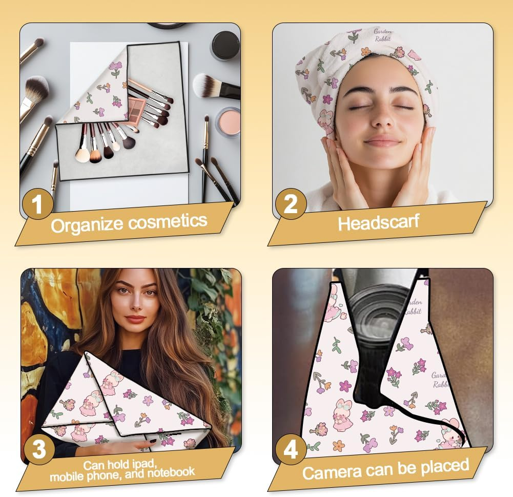 2 Sheets Self-Adhesive Magic Cloth Cute Rabbit Travel Makeup Bag Organizer & Scratch-Resistant Camera Lens Protective Wrap, Reusable Portable Cosmetic Pouch (50X50Cm/35X35Cm), Pink image number 3