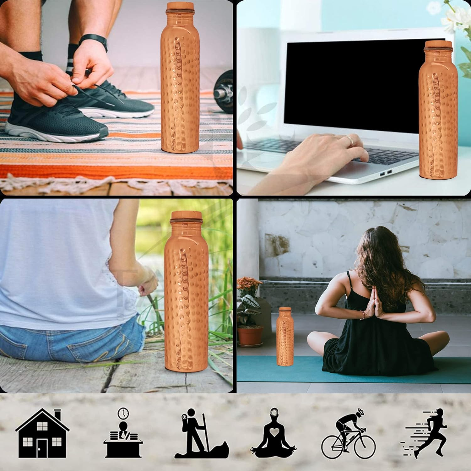 Indtresor Pure Copper Water Bottle - Handcrafted - Ayurveda Health Benefits - Large 35 Oz - Leak Proof, Easy to Carry for Sports, Fitness, Yoga, School - Natural Hammered Beaten Copper Finish image number 2