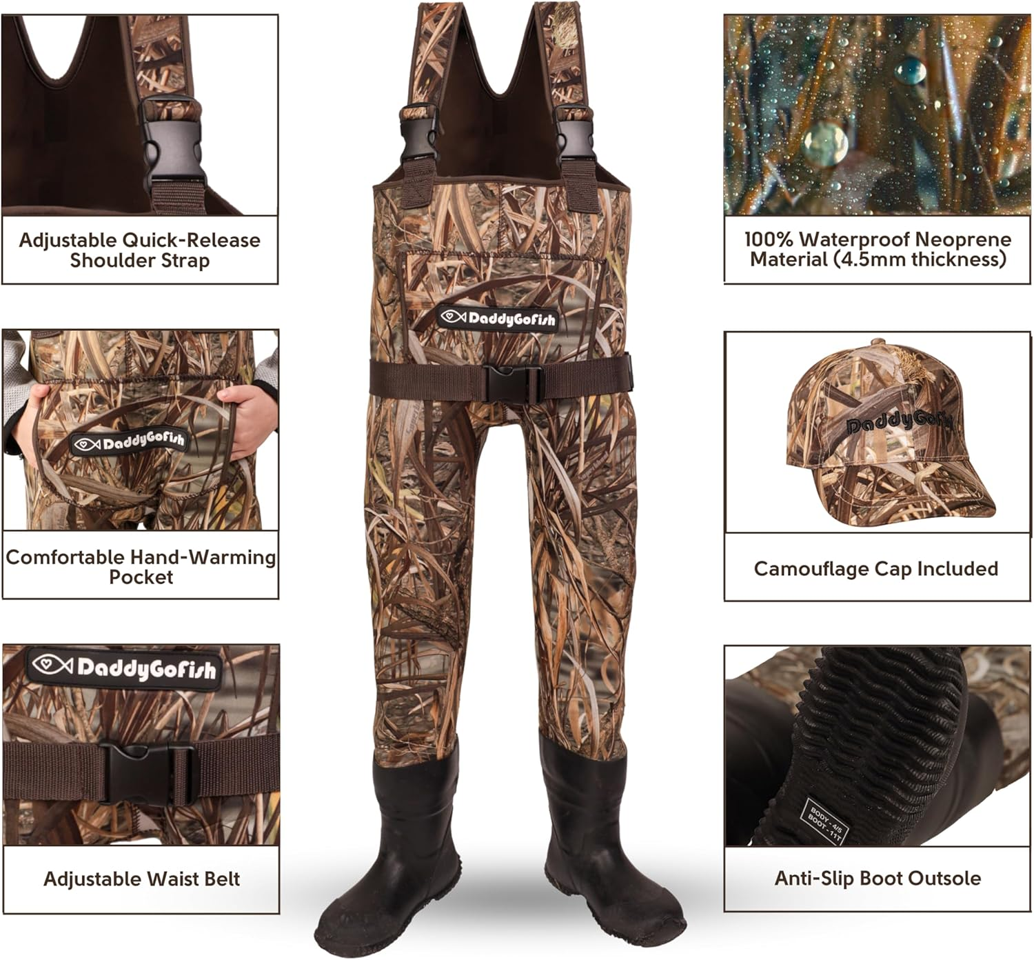Daddygofish Neoprene Chest Waders for Kids and Adults, Bootfoot, Fishing & Hunting with a Camouflage Caps, and a Wader Hanger image number 4