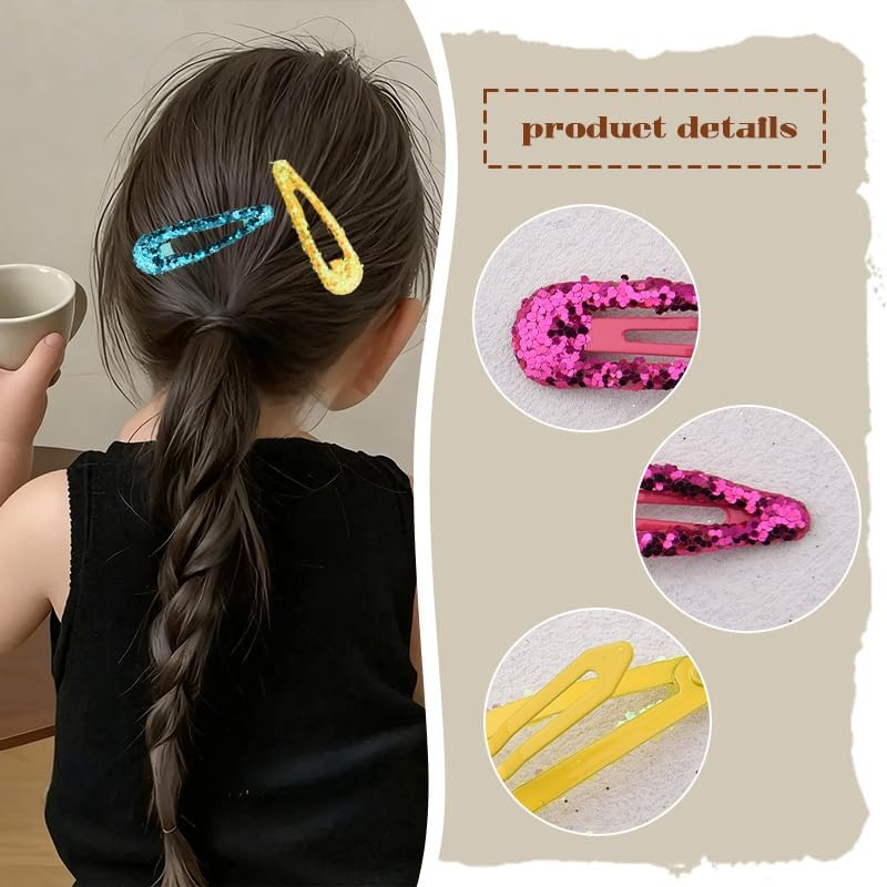 Glitter Sequin Snap Hair Clips for Girls Women Bright Colorful Snap Barrettes Hairpins Shimmery Sequin Cheerleader Cheer Festival Hair Accessories for Prom Hot Pink Blue Purple Green Brown 12 PCS