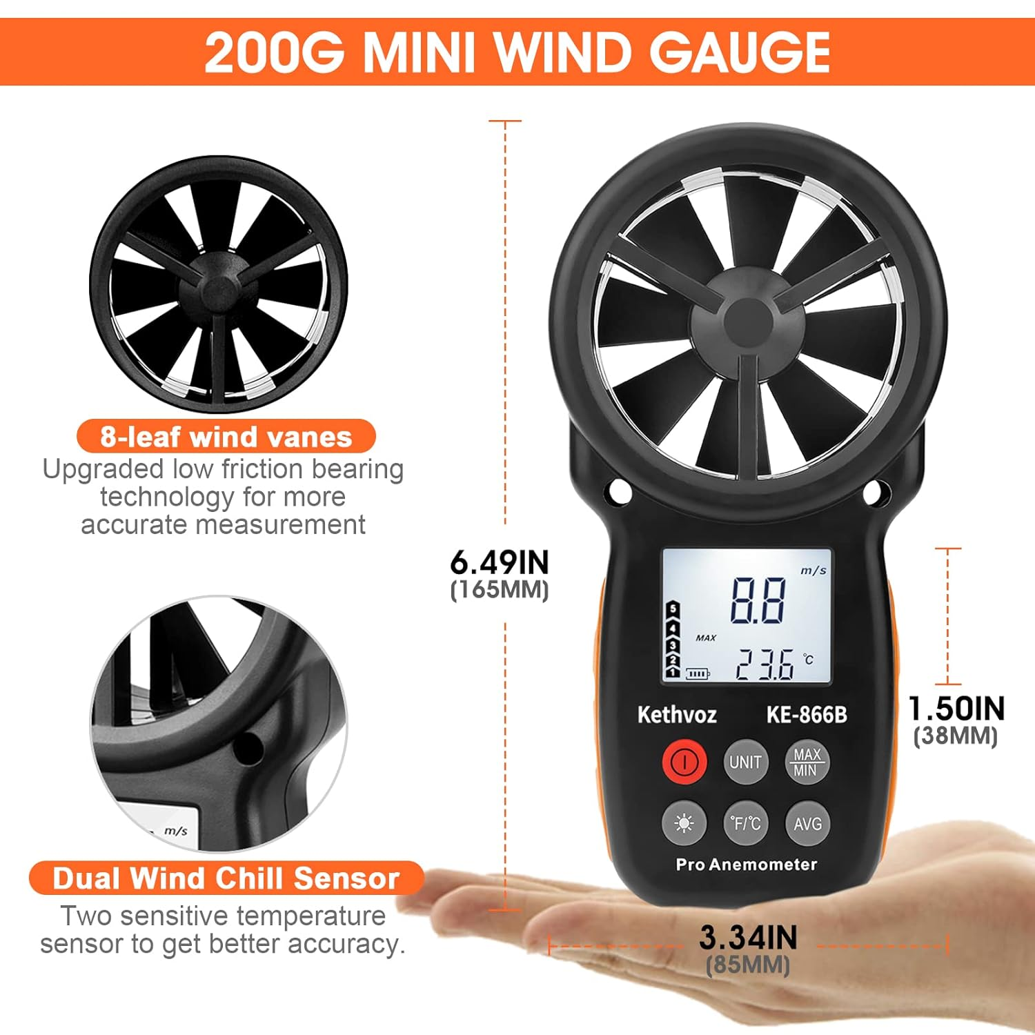 Handheld Anemometer Digital Wind Speed Meter, Kethvoz Windspeed Gauge Anemometro Measure Air Flow Velocity Check Wind Temp for HVAC Dust Collection Drone Flying Sailing Hunting image number 6