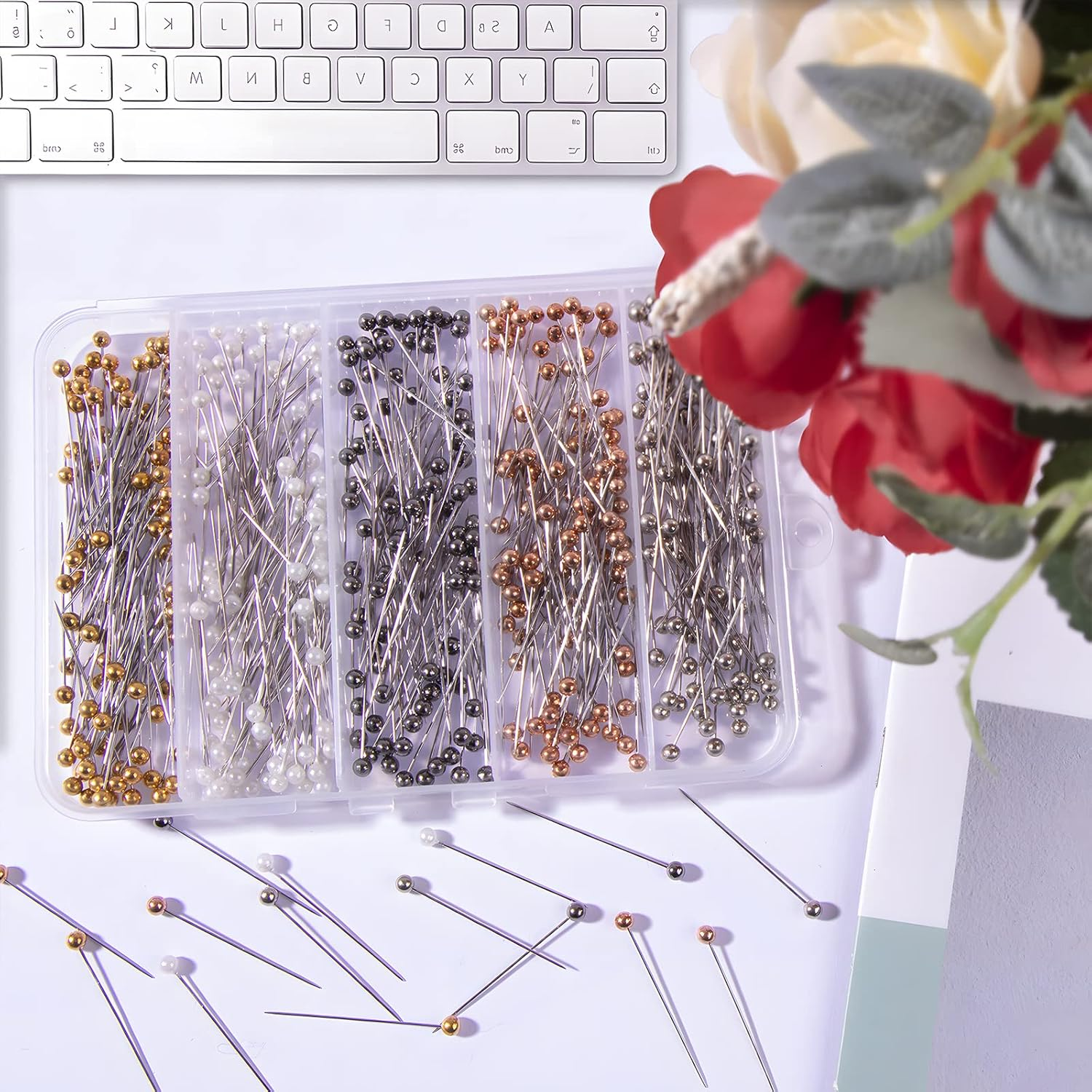 VAPKER Sewing Pins 500 Pcs Pearlized Head Quilting Pins 38Mm Straight Long Pins for Dressmaker Flower DIY Decoration(5 Colors) image number 4