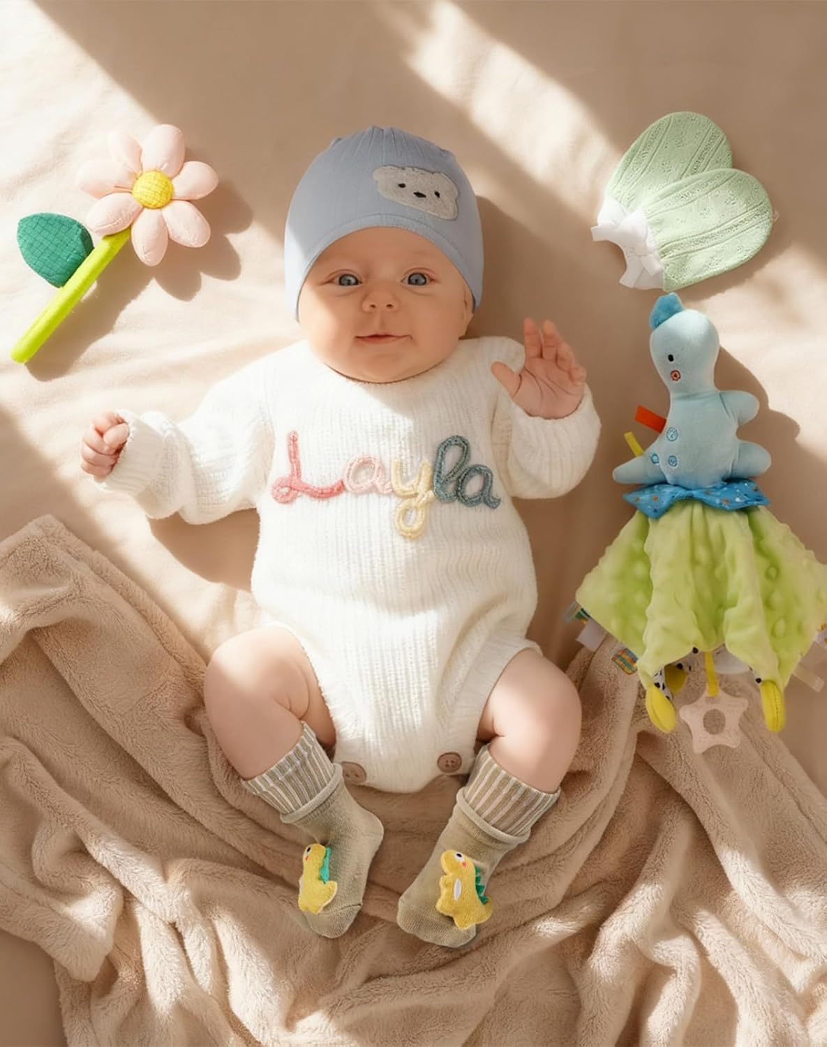 Coralogo Baby Shower Gift Basket - Baby Gift Set with Practical Diaper Caddy, Gifts for New Mom, Gender Reveal Gifts, New Born Essential Include Security Blanket Hat Bib Socks Mittens, Boy image number 5