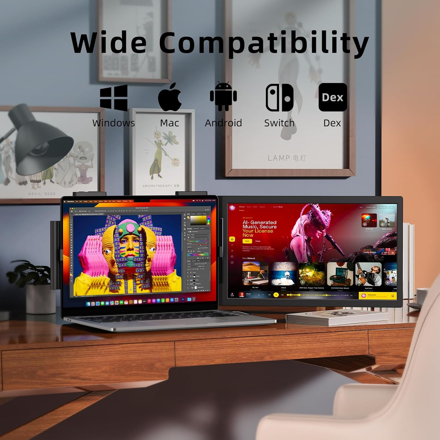 Magicraven Laptop Screen Extender, 14" 1080P Dual Screen, 250&deg; Rotation Portable Monitor for Laptop, Travel Display for 14-17'' Laptop with USB-C/HDMI Port, Plug & Play for Windows/Mac image number 3