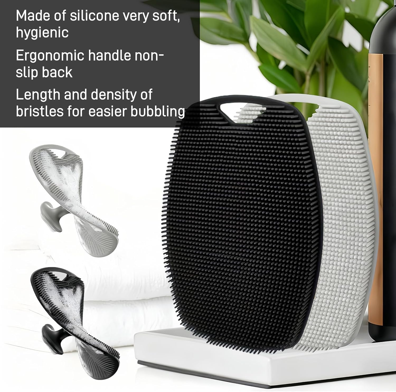 2 Packs Silicone Body Scrubber for Men, Premium Loofah Alternative with Lather Boosting Bristles, Ergonomic No-Slip Handle for Deep Cleaning, Exfoliating(Black ＋Gray) image number 2