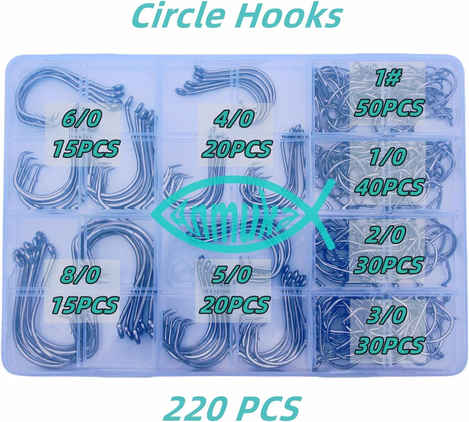 Fishing Hooks 2X Strong Offset Octopus Sport Circle Hooks Freshwater Saltwater Fish Hooks Bulk Fishing Hooks Set #1 1/0 2/0 3/0 4/0 5/0 6/0 8/0 - Black-170Pcs image number 3