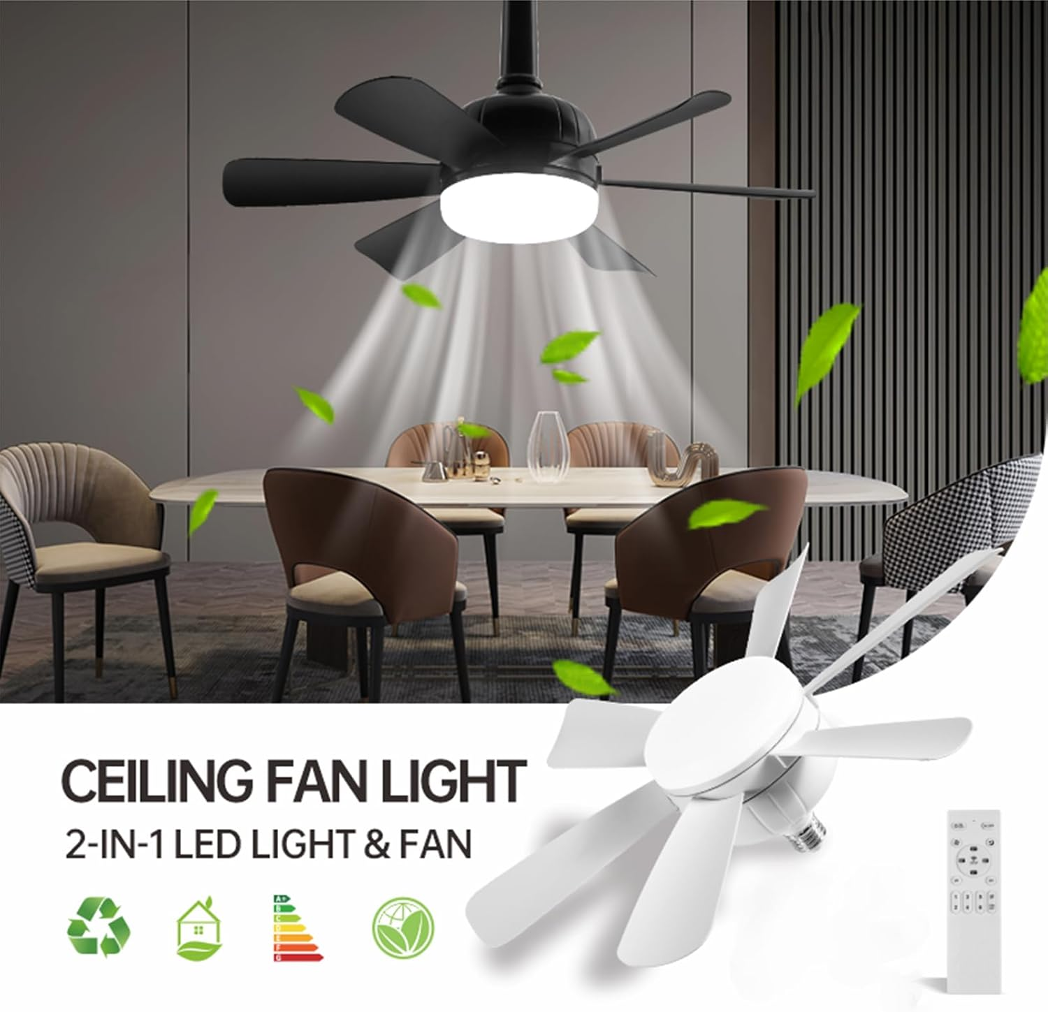 Socket Fan Light, Ceiling Fan with Light and Remote, 18" LED Fan Light Bulb for Bedroom, Kitchen, Living Room, 3 Fan Speeds and 3 Lighting Modes image number 2