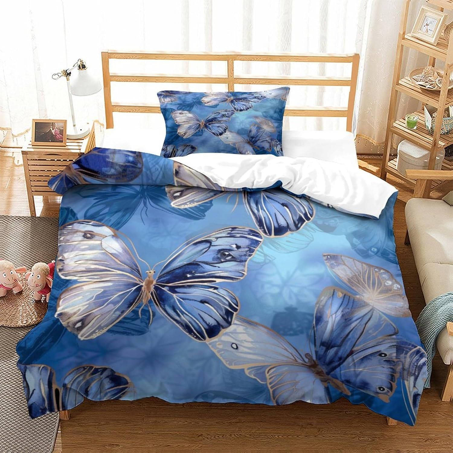 Butterfly 3D Printed Duvet Cover Set Microfiber 3 Pieces Quilt Cover Bedding Set with Pillowcases Soft Comforter Cover with Zipper for Kids Adults,Double（180X210Cm）
