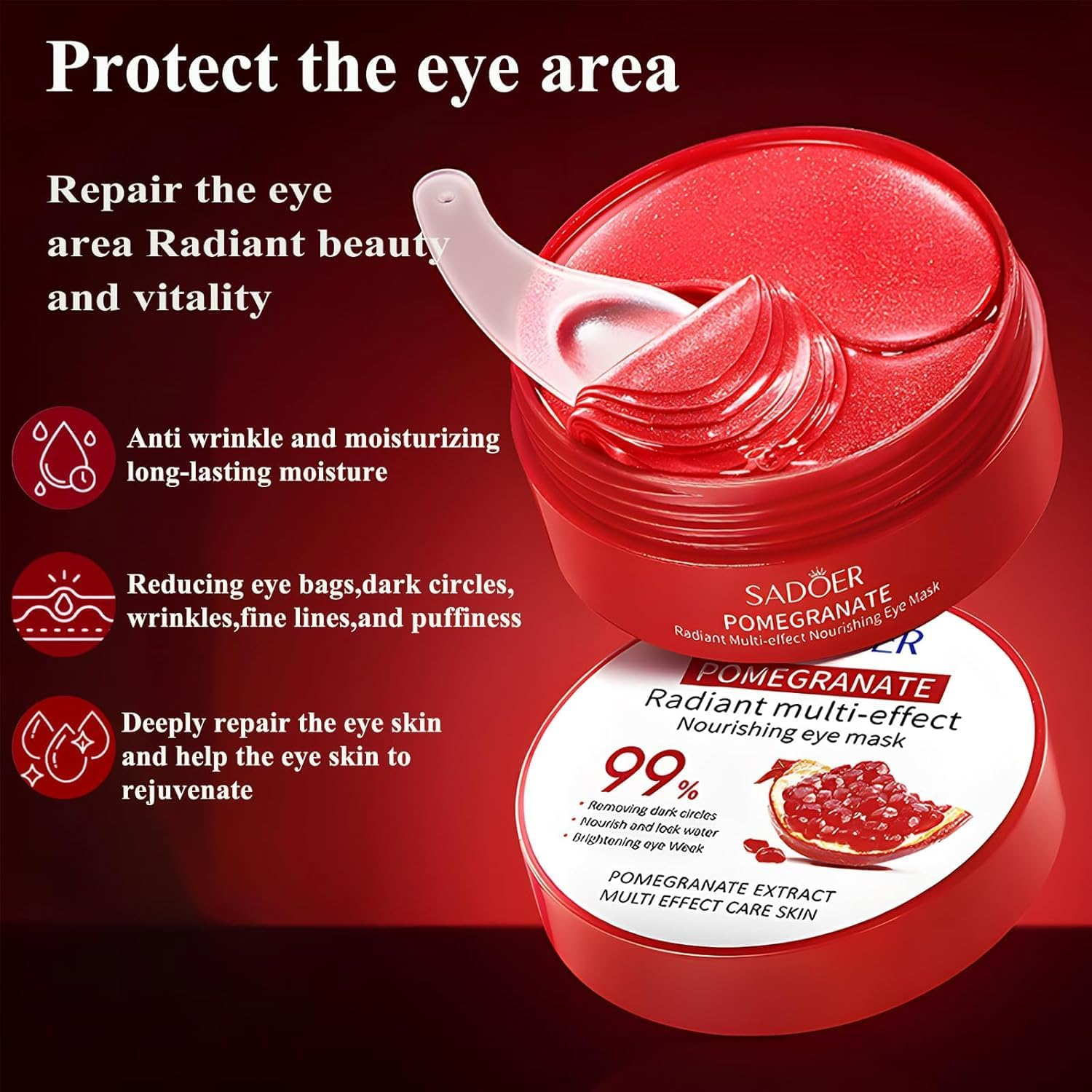 Under Eye Mask, Collagen under Eye Patches for Puffiness Eye Care, Hyaluronic Acid Deep Moisturizing Pomegranate Eyes Gel Pads for Reducing Dark Circles Wrinkles, Smooth Repair the Eyes Skin Treatment image number 1