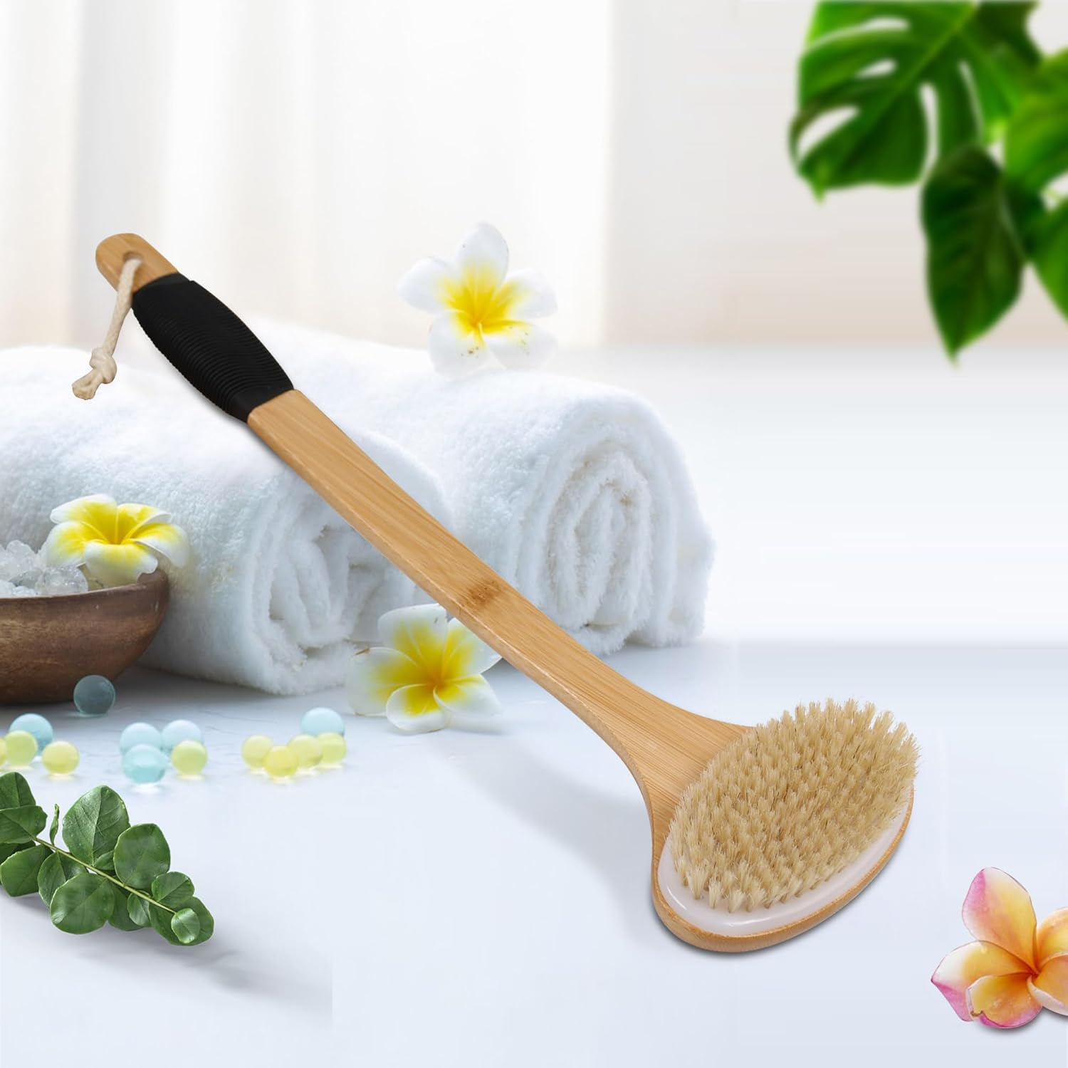 OWIIZI Back Scrub Brush for Shower,Stiff Boar Bristles Bamboo Curved Long Handle Antiskid Body Bath Brush for Back Use Wet or Dry,Deep Cleanse Large Surface Back Scrubber image number 1