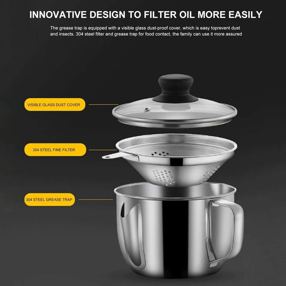 Aribrnten Stainless Steel Fat Separator 1L/4 Cup, Grease Separator with Strainer and Glass Lid, Soup Oil Separator Cup image number 1
