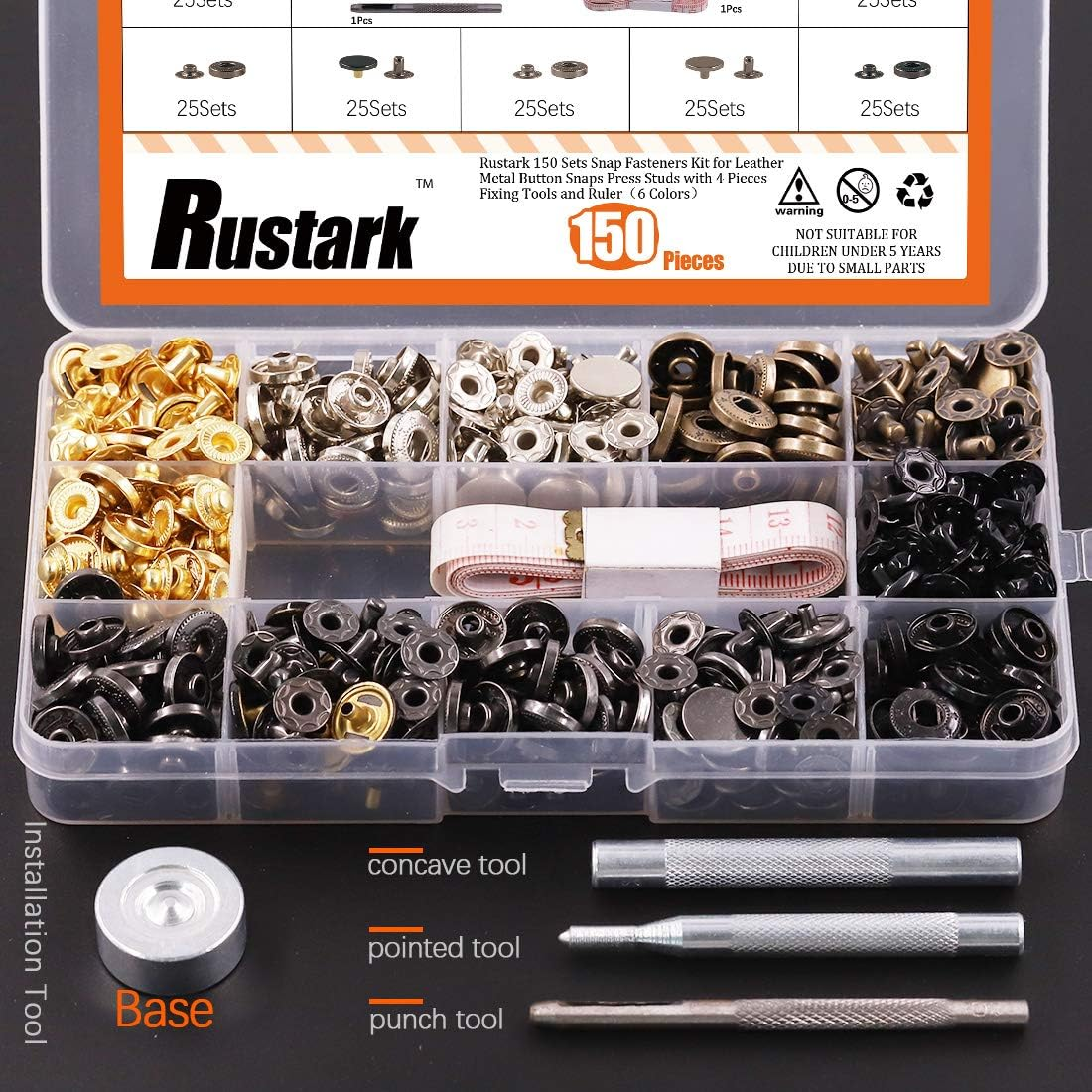 Rustark 150 Sets Leather Snap Fasteners Kit, 6 Colors Metal Button Snaps Press Studs with 4 Pieces Installation Tools for Leather Craft, Jackets, Jeans Wears, Bracelets and DIY Craft (12.5Mm) image number 4