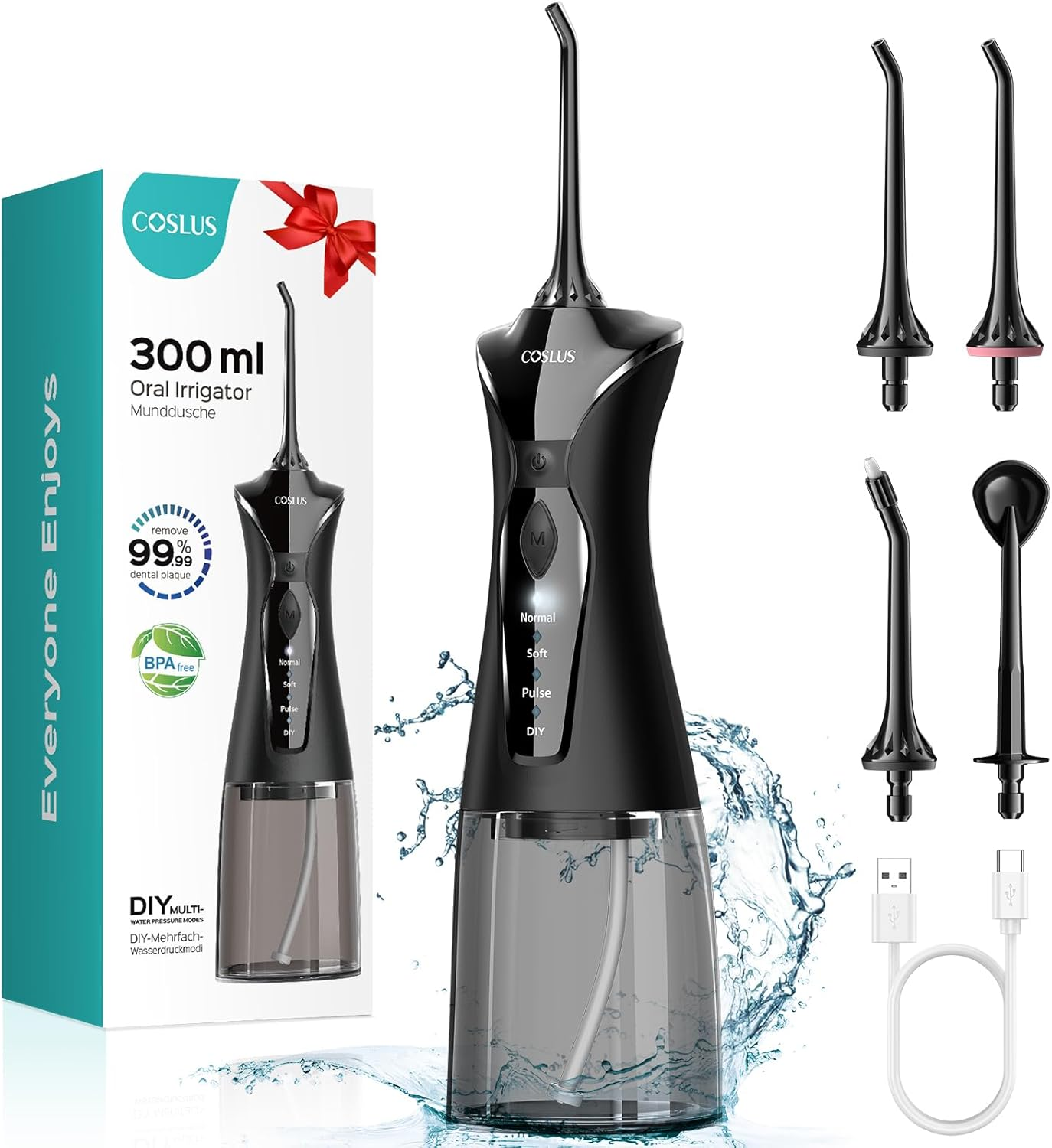 Water Dental Flosser Pick for Teeth: COSLUS 4 Modes Portable Cordless 300ML Larger Tank, Oral Irrigador IPX7 Waterproof Rechargeable Water Teeth Cleaner Flossing Cleaning Picks for Travel Home Black