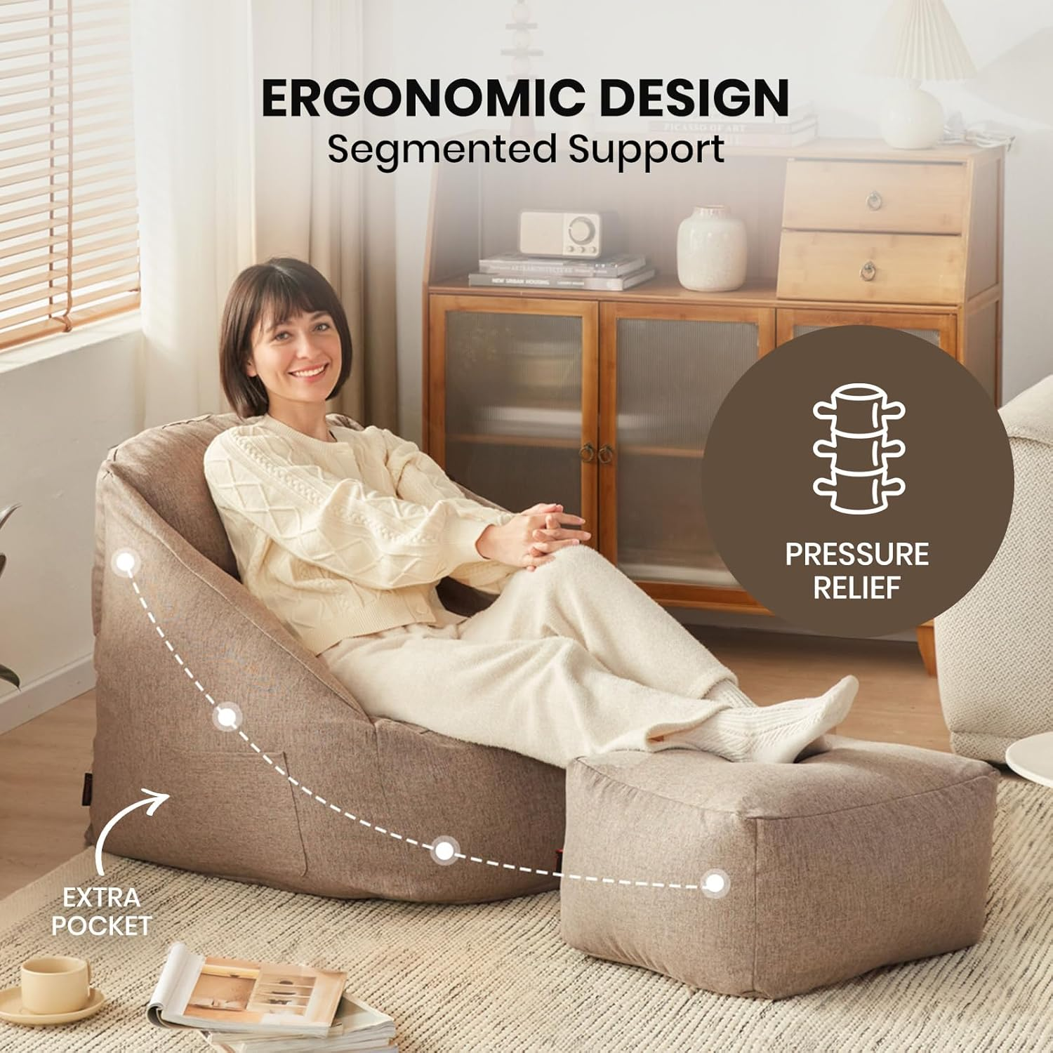 Viviendo Bean Bag Chair Cover (No Filler) for Kids and Adults with Armrest and Ottoman, Stuffable Storage Bag with Zipper, Soft Comfy Extra Large Bean Bag Chair Lazy Lounger Floor Sofa Blue image number 3