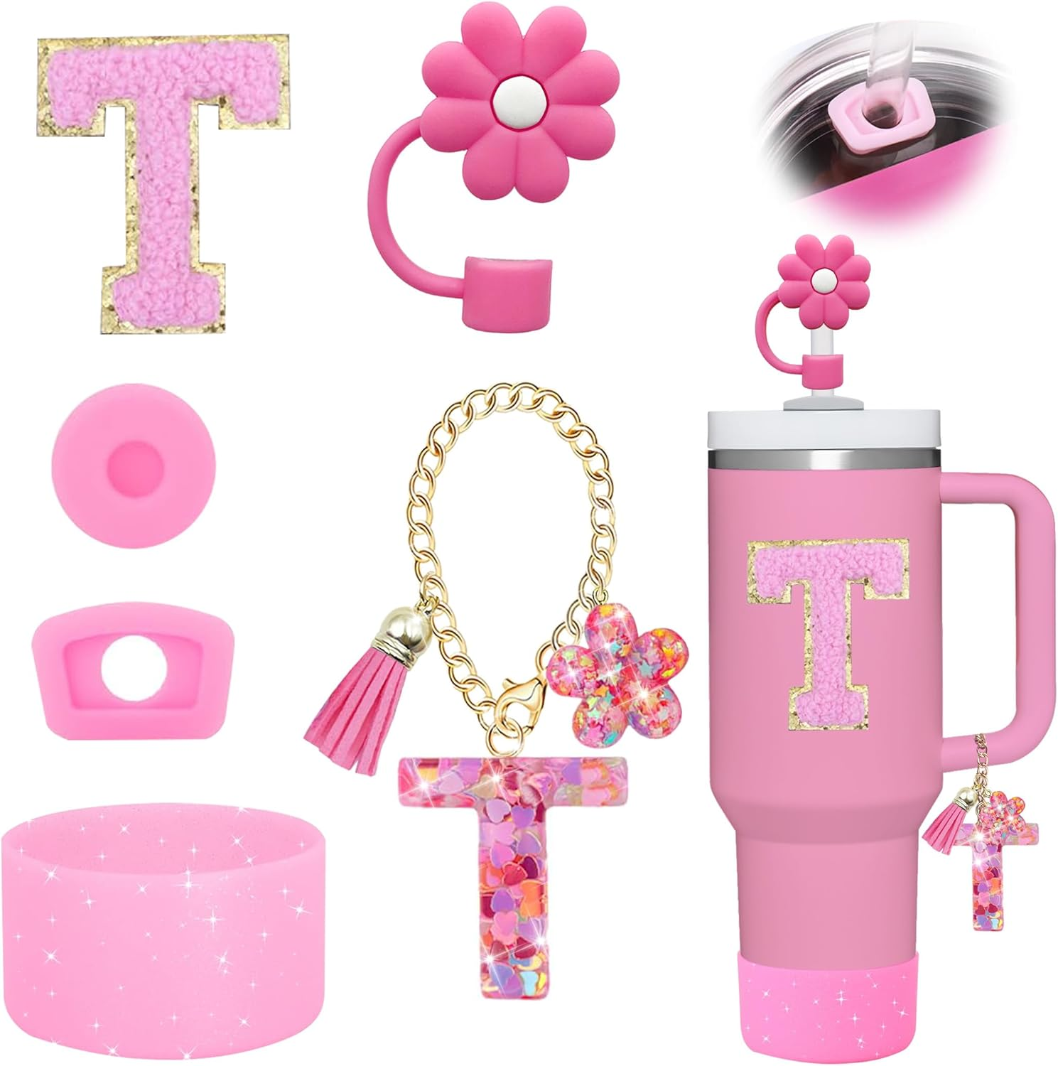 6PCS Cup Accessories Set for Stanley Cup 30Oz 40Oz Tumbler with Handle, Including Silicone Straw Topper Cover Cap and Boot, Spill Proof Stopper, Handle Charm, Initials Sticker(Pink) (Pink R) image number 4