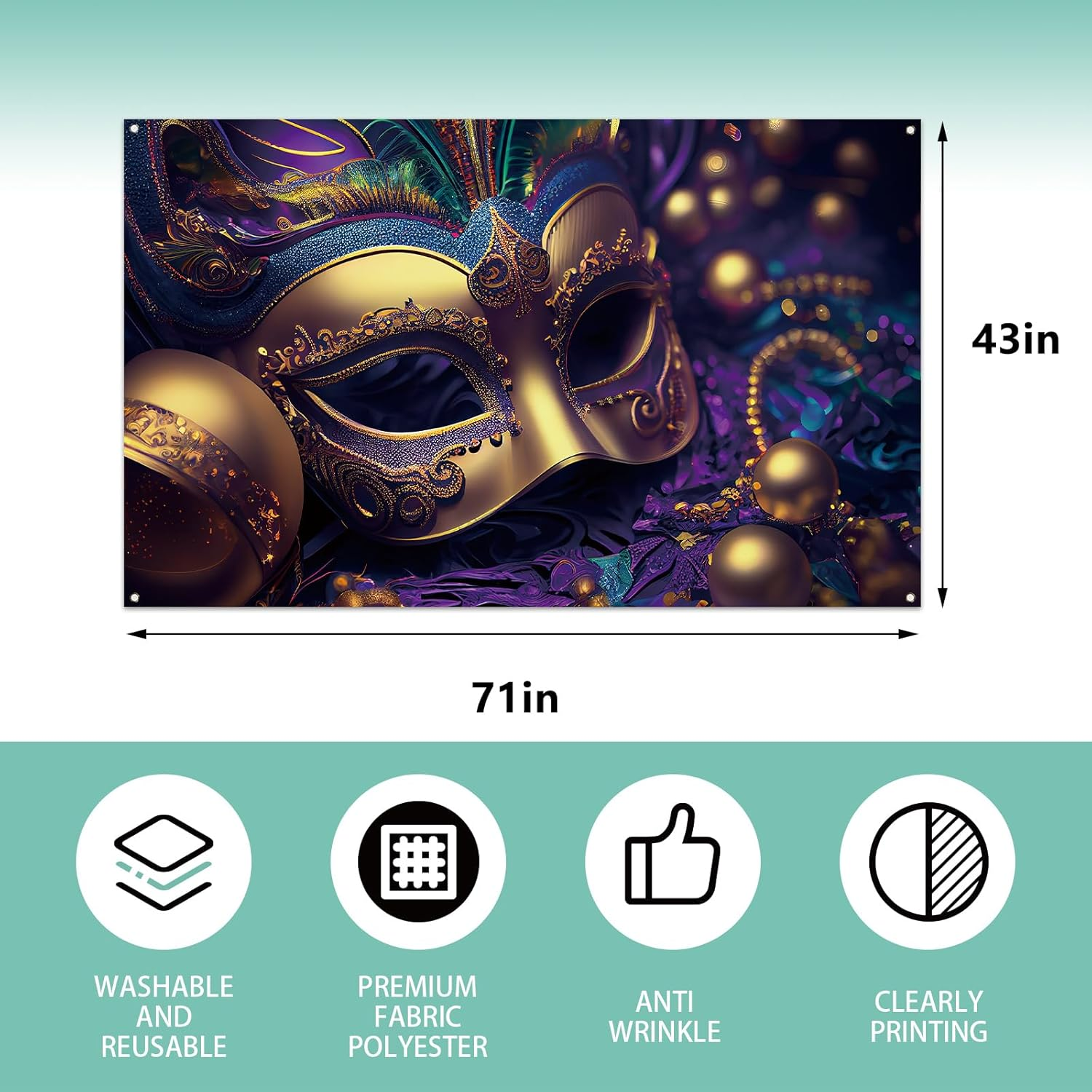 Mardi Gras Photo Backdrop Purple Mask Beads Banner Fat Tuesday Brazil Carnival Masquerade Party Birthday Decorations and Supplies for Home-71&times;43'' image number 5