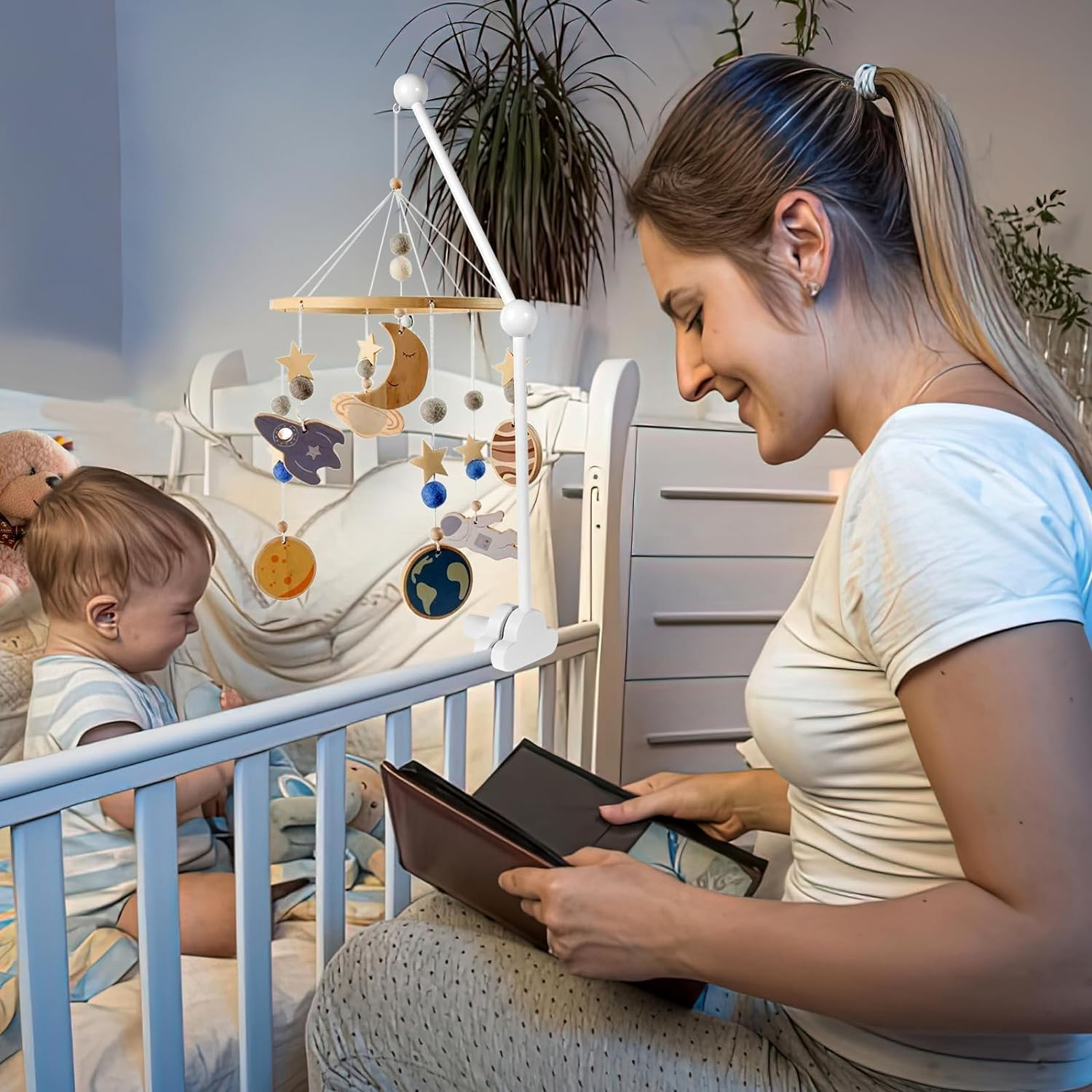 27 Inch Wooden Baby Crib Mobile Arm, Adjustable Angle & Height, Non-Skid, Easy to Install, Unisex Baby, Crib Mount image number 4