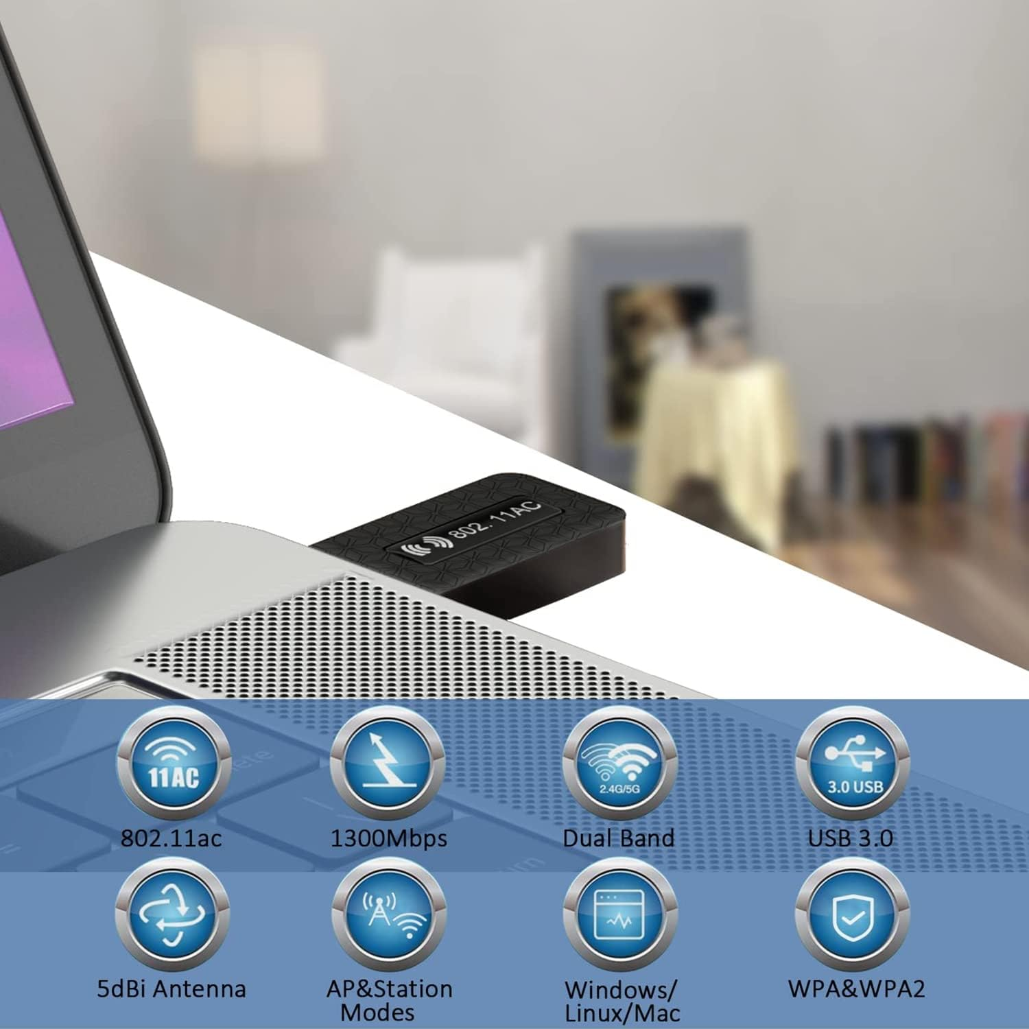 USB 3.0 Wifi Adapter Ac1300Mbps for Pc,Dual Band Network Adapter with 5Ghz/2.4Ghz High Gain Antenna,For Laptop Desktop Windows 11/10/ 8/7 Mac 10.7 to 10.15 (Mini Wifi Adapter)