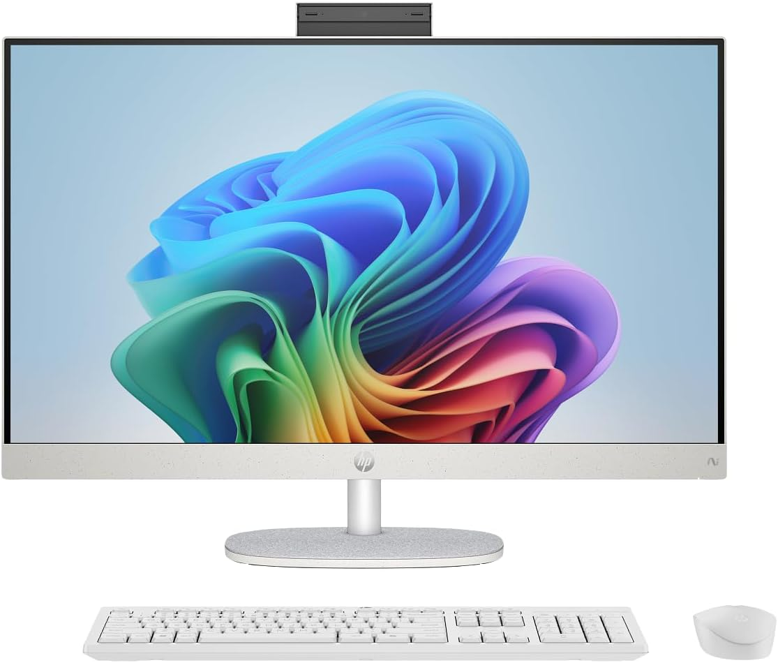 HP All-In-One Desktop PC, 27" FHD IPS Display, AMD Ryzen AI 7 350 Processor, AMD Radeon Graphics, 8GB RAM, 512GB SSD, Windows 11 Home, IR FHD Camera, Dual Speakers, BQ4E2PA