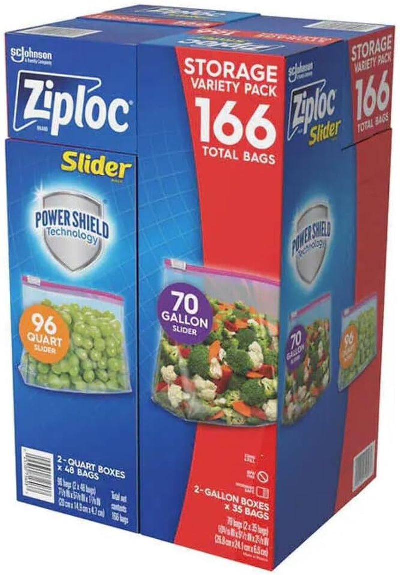 Ziploc Slider Storage Bags 166 Count Variety Pack: Quart (96 Ct.), Gallon (70 Ct.)