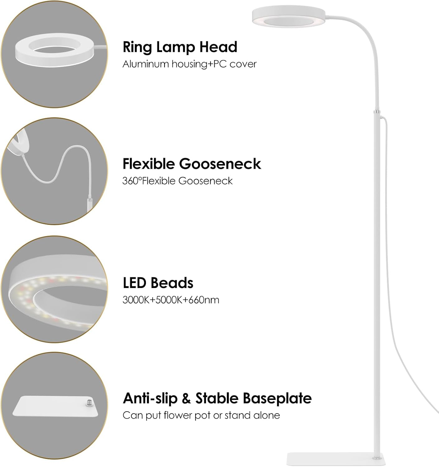 GLOWRIUM Grow Lights for Indoor Plants, 20W Full Spectrum LED Grow Floor Lamp with Stand Adjustable Height and Angle, White Plant Light with 3/9/12H Grow Light Timer image number 5