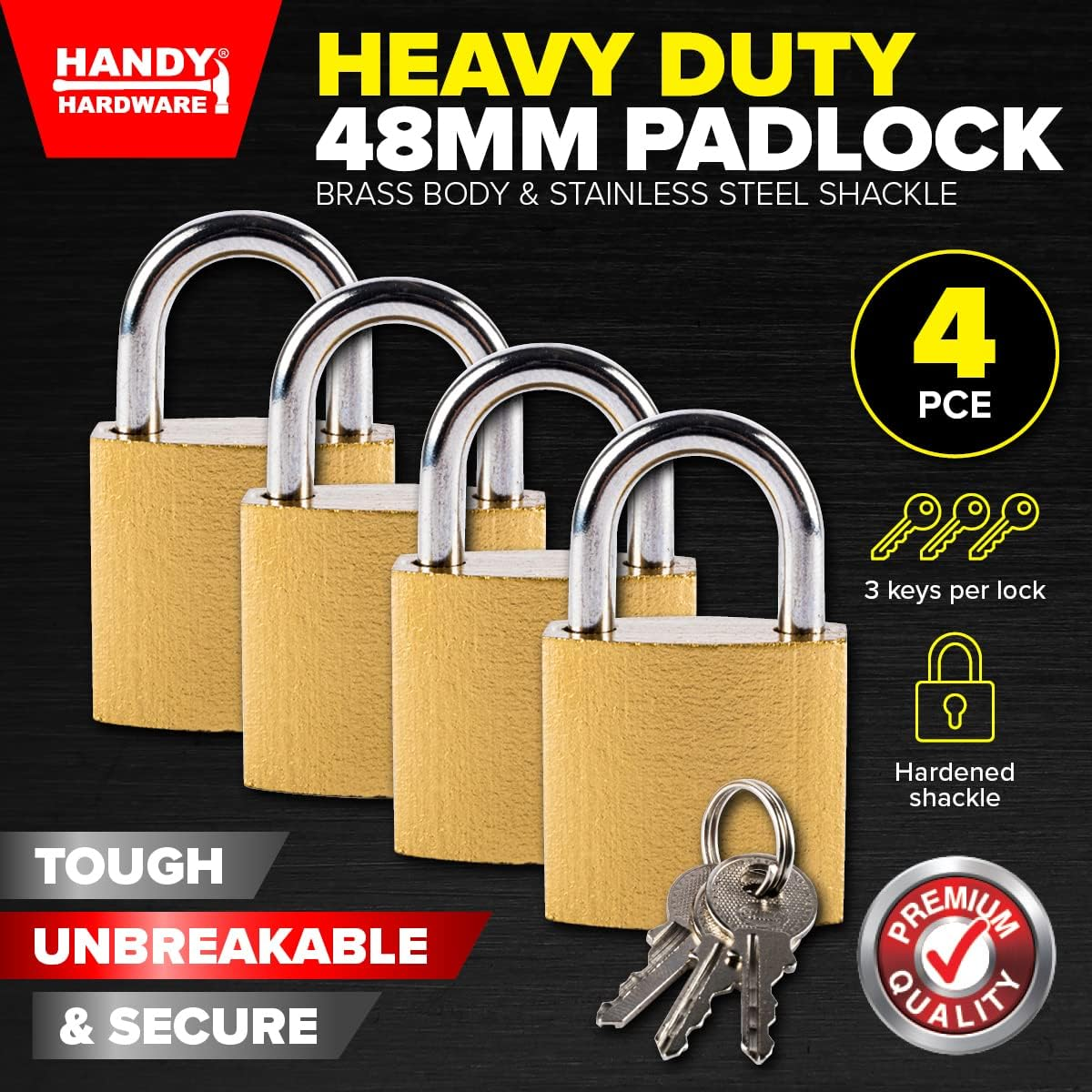 [4PCE] Handy Hardware Heavy Duty Padlocks, Premium Quality, Stainless Steel Shackle, Solid Brass Body and Cylinder, anti Rust and Cut Resistant, Helps Keep Valuables Safe and Secure - 48Mm image number 4
