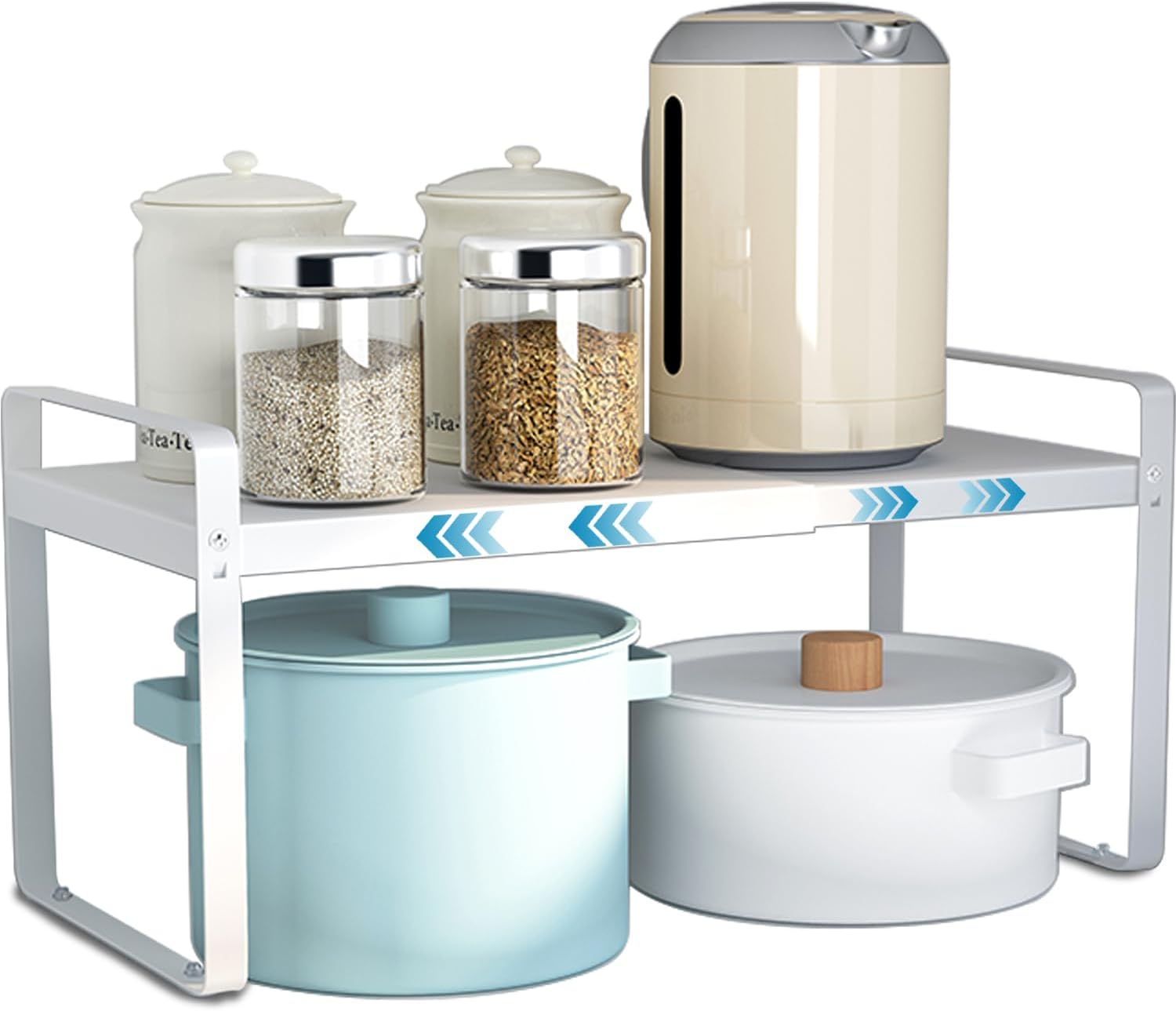 MAGGHEVI Expandable Cabinet Shelf Organizer Storage Rack，Cupboard Stand Spice Rack，Pantry Shelves Space Riser for Kitchen Bathroom，Metal Plate Heavy Duty Nonslip (Black)