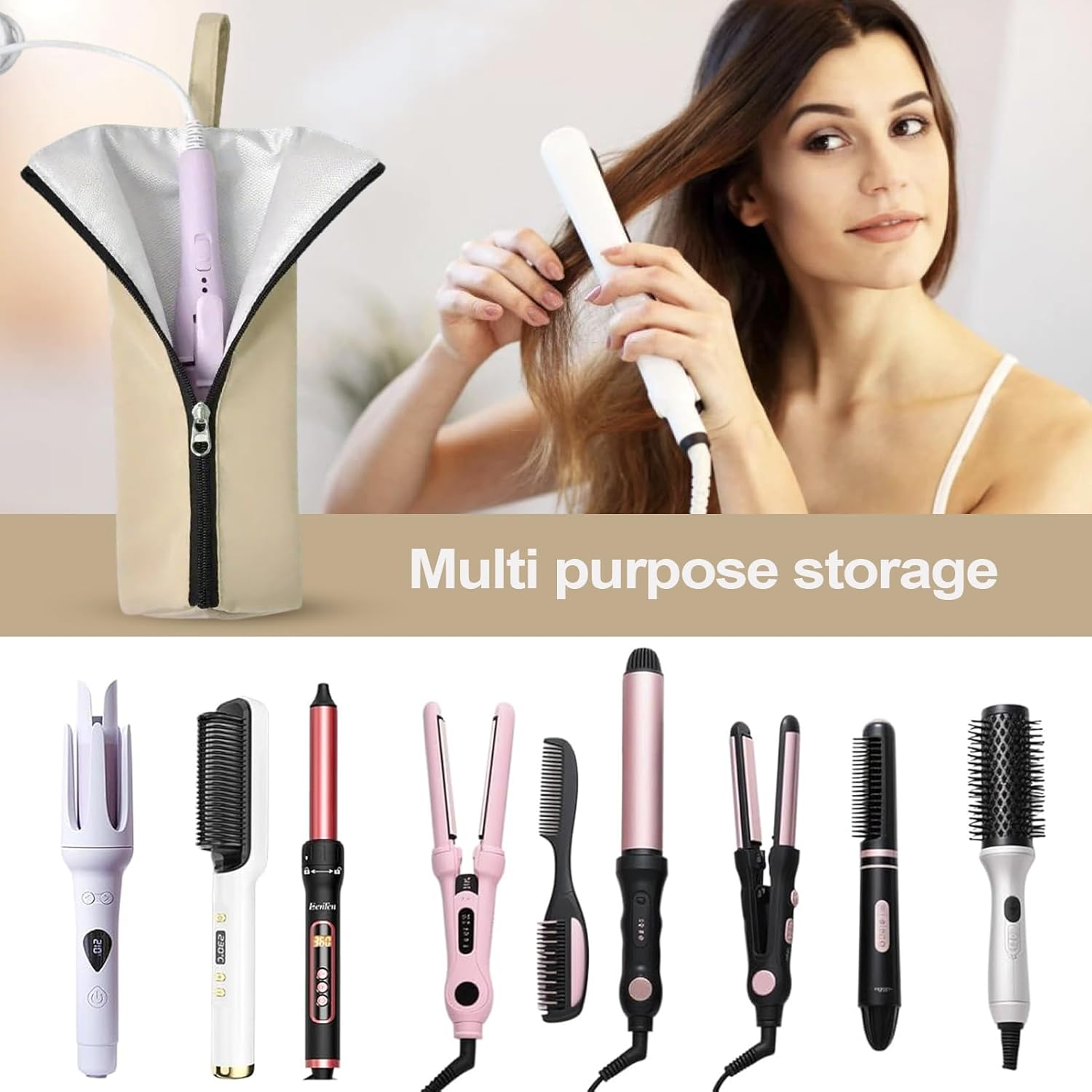 Weqizuerqi Curling Iron Travel Case - Heat Resistant Mat Pouch,Dustproof Curling Iron Storage Bag for Makeup Station RV Bathroom Vanity Table Home Travel Hairstylist - Pink image number 6