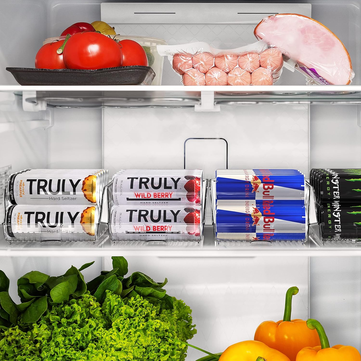 Simple Houseware Tall Skinny Can Organiser Dispenser Compatible with 500Ml / 16Oz Energy Drink for Refrigerator or Pantry, Clear, Set of 2 image number 3