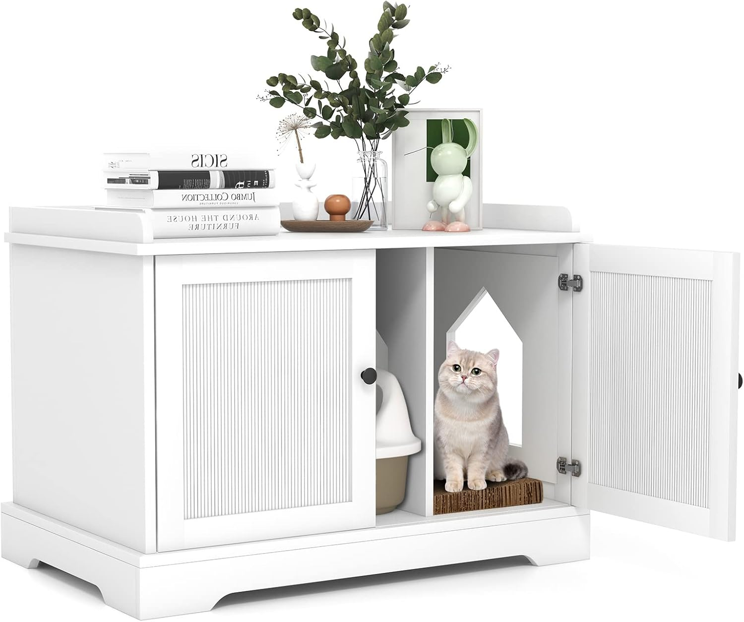 Costway Cat Litter Box Enclosure W/Scratching Pad, Adjustable Divider, Hidden Kitty Washroom, Indoor Pet House End Table Nightstand, Decorative Box Cabinet Storage Bench for Kitten & Large Cat image number 3