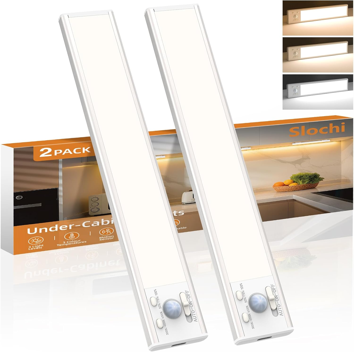 Slochi Cabinet Light with Motion Sensor, 3 Colours, 3000 K/4000 K/6500 K, Dimmable Under-Unit Light, Kitchen, Rechargeable Cabinet Lighting, 3 Modes Magnetic LED Light Strip for Cabinet, Stairs