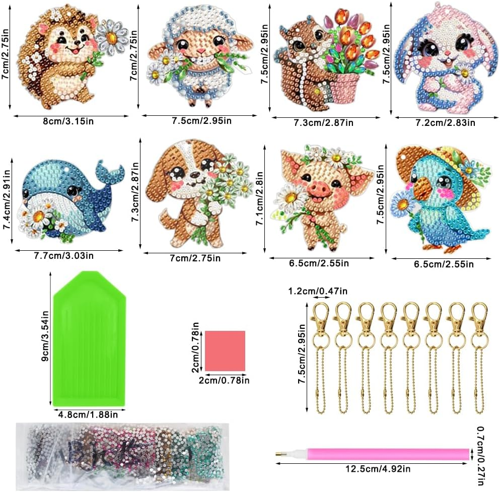 8 PCS Animal Diamond Art Painting Keychains Kits, Finegood 5D Diamond Art Suncatcher Kits Crystal Diamond Keychains, DIY Carft for Hanging Ornament image number 1