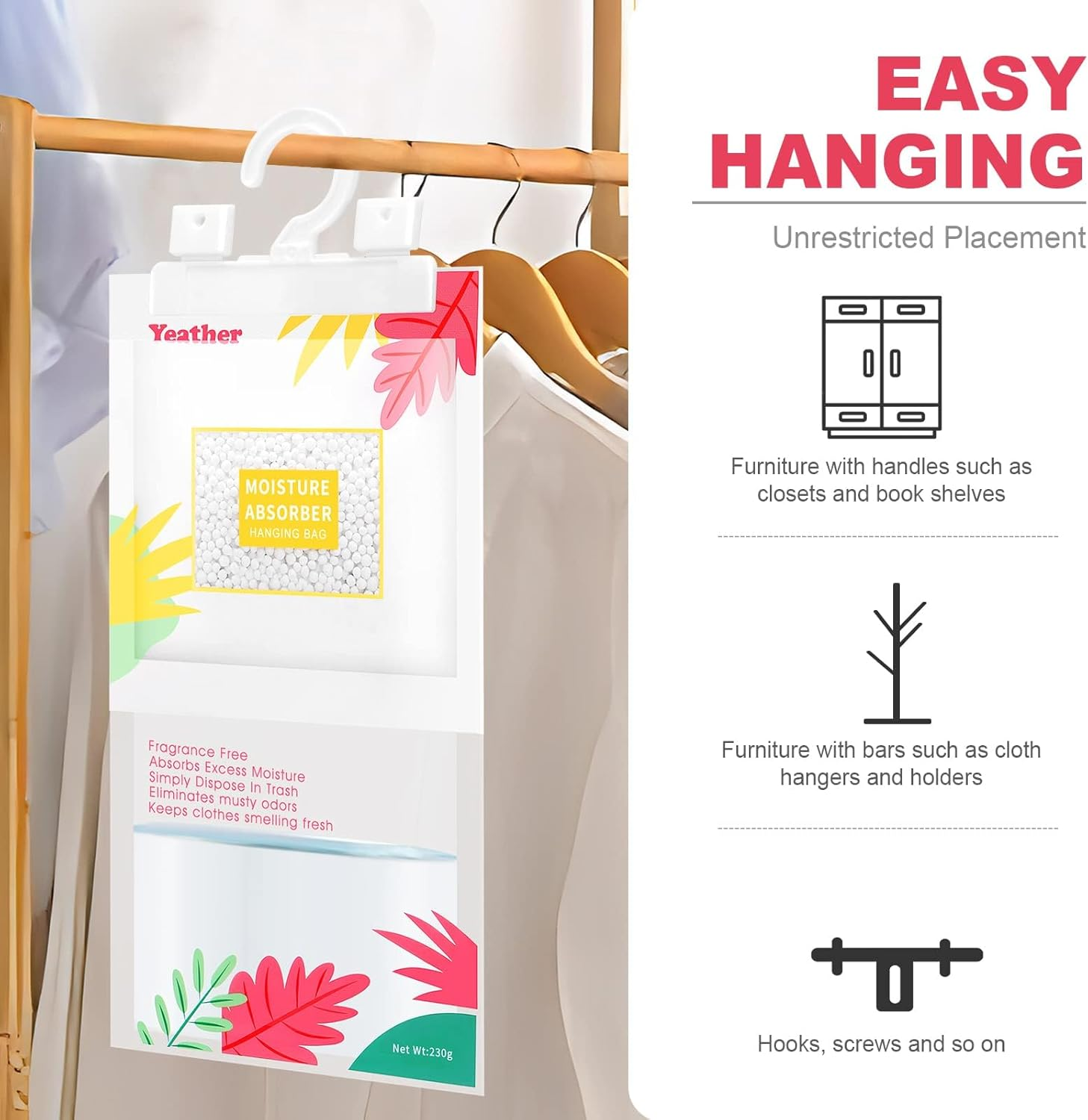 YEATHER 15 Pack Moisture Absorber Hanging Bags, Fragrance Free Portable Dehumidifier Moisture Absorber for Closet Bathroom, Wardrobes, Kitchen, Laundry image number 4